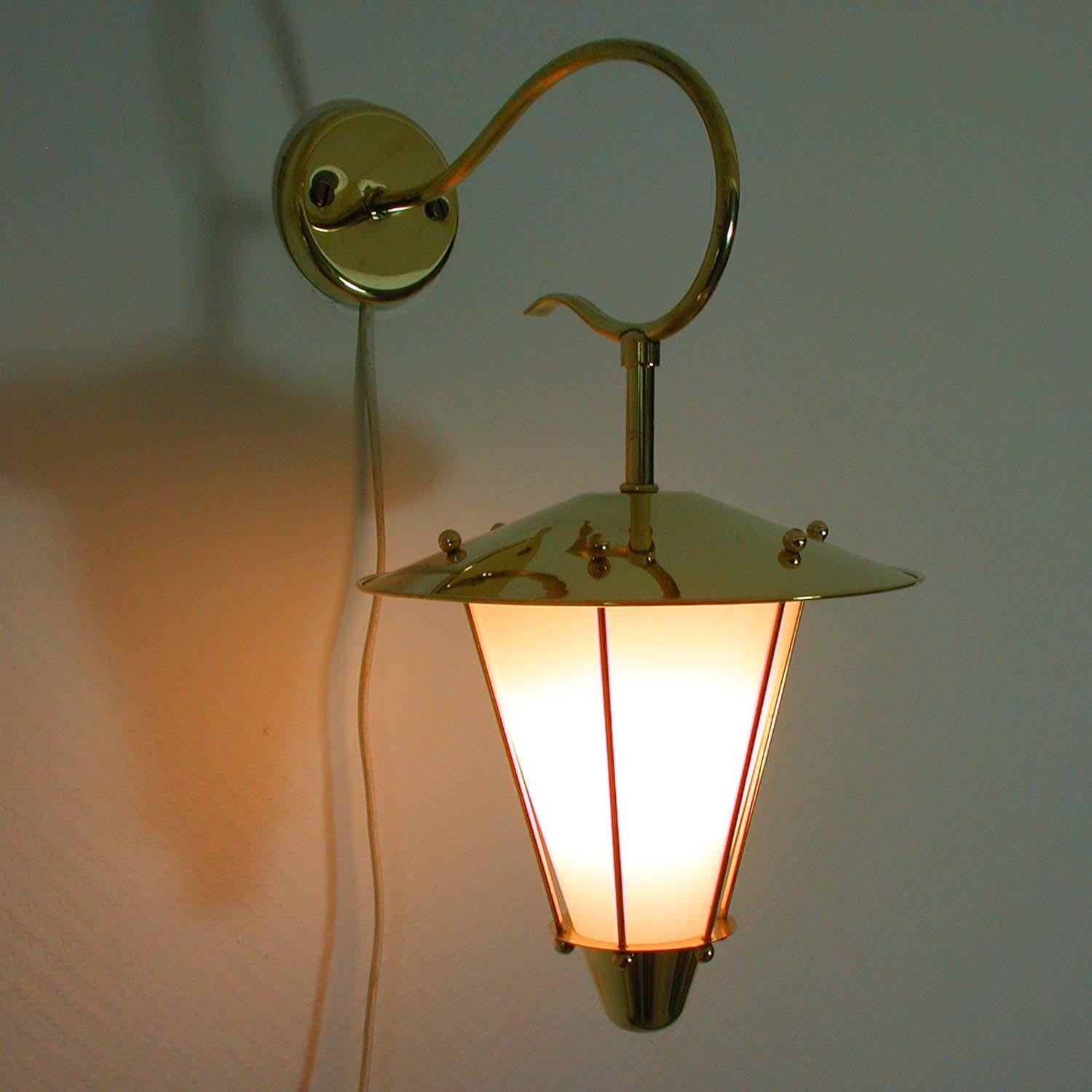 Midcentury French Brass and Opaline Lantern Sconce Wall Light 1950s 10