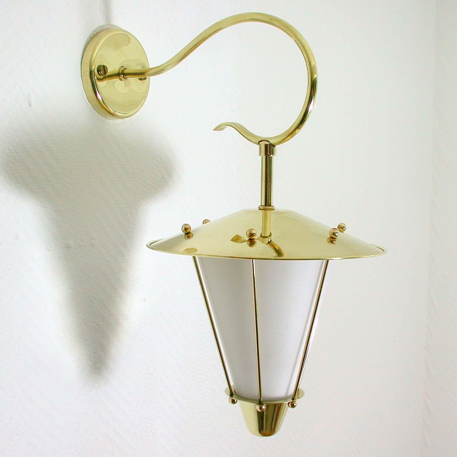 Mid-Century Modern Midcentury French Brass and Opaline Lantern Sconce Wall Light 1950s