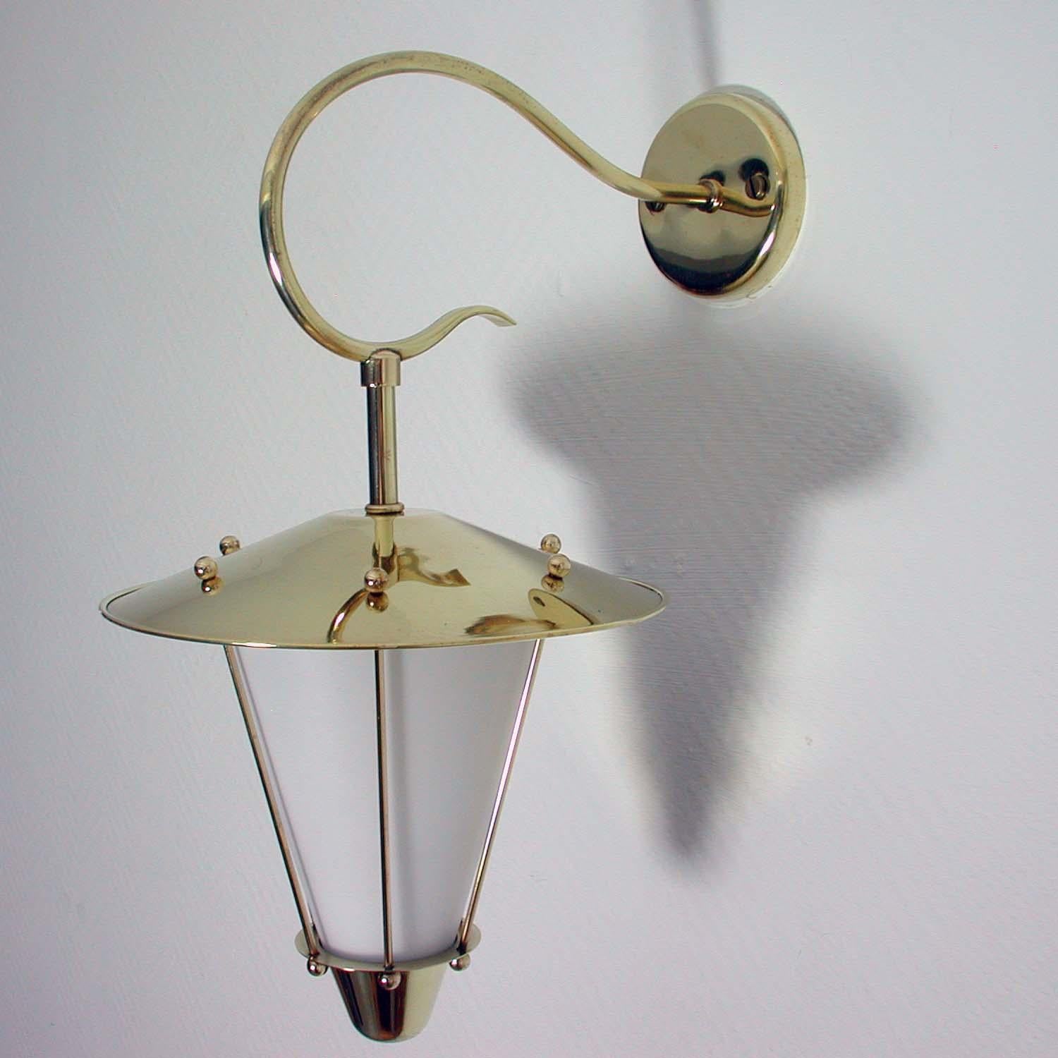 Midcentury French Brass and Opaline Lantern Sconce Wall Light 1950s 2