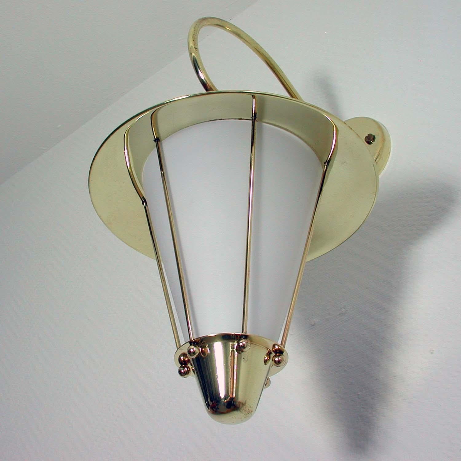 Midcentury French Brass and Opaline Lantern Sconce Wall Light 1950s 3