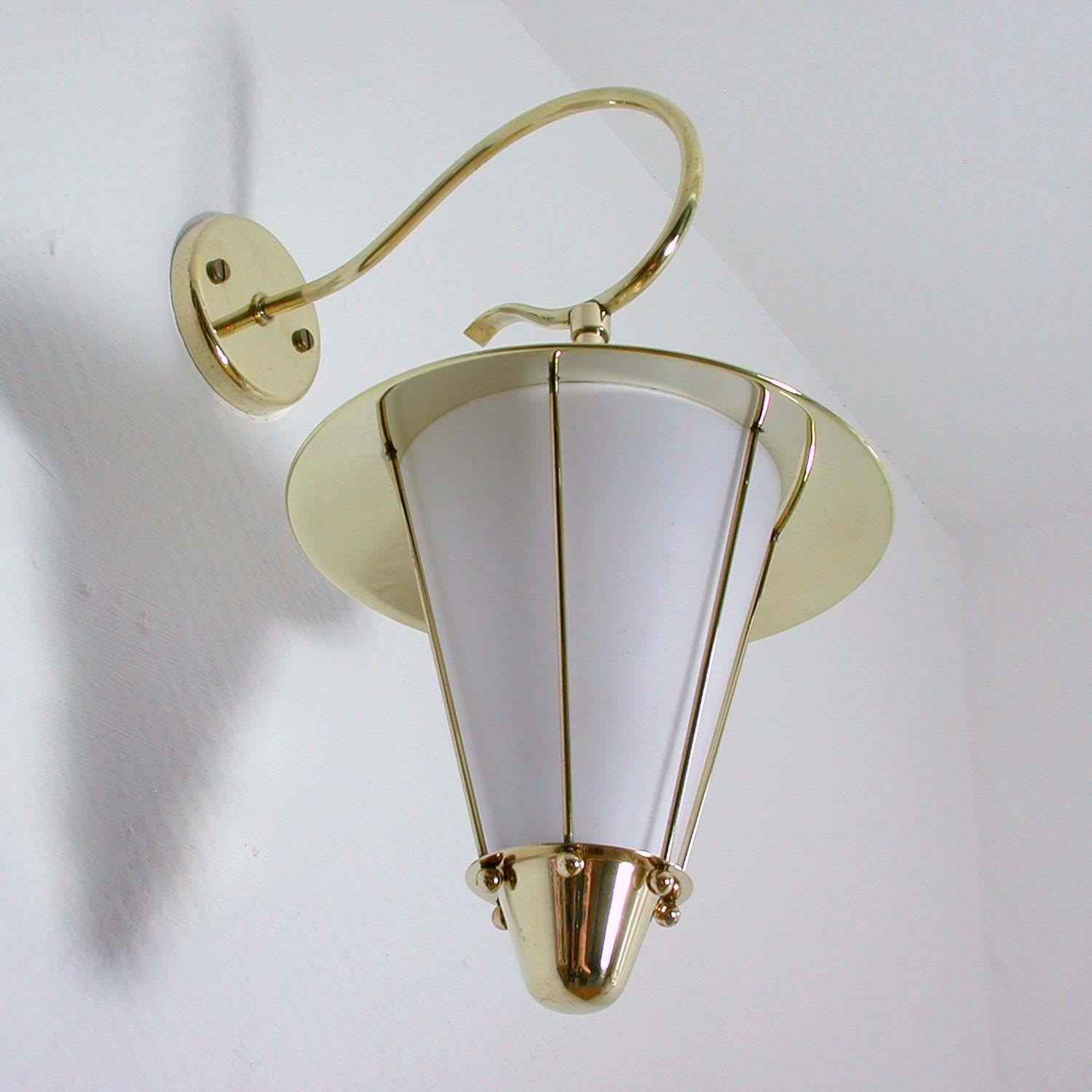 Midcentury French Brass and Opaline Lantern Sconce Wall Light 1950s 4