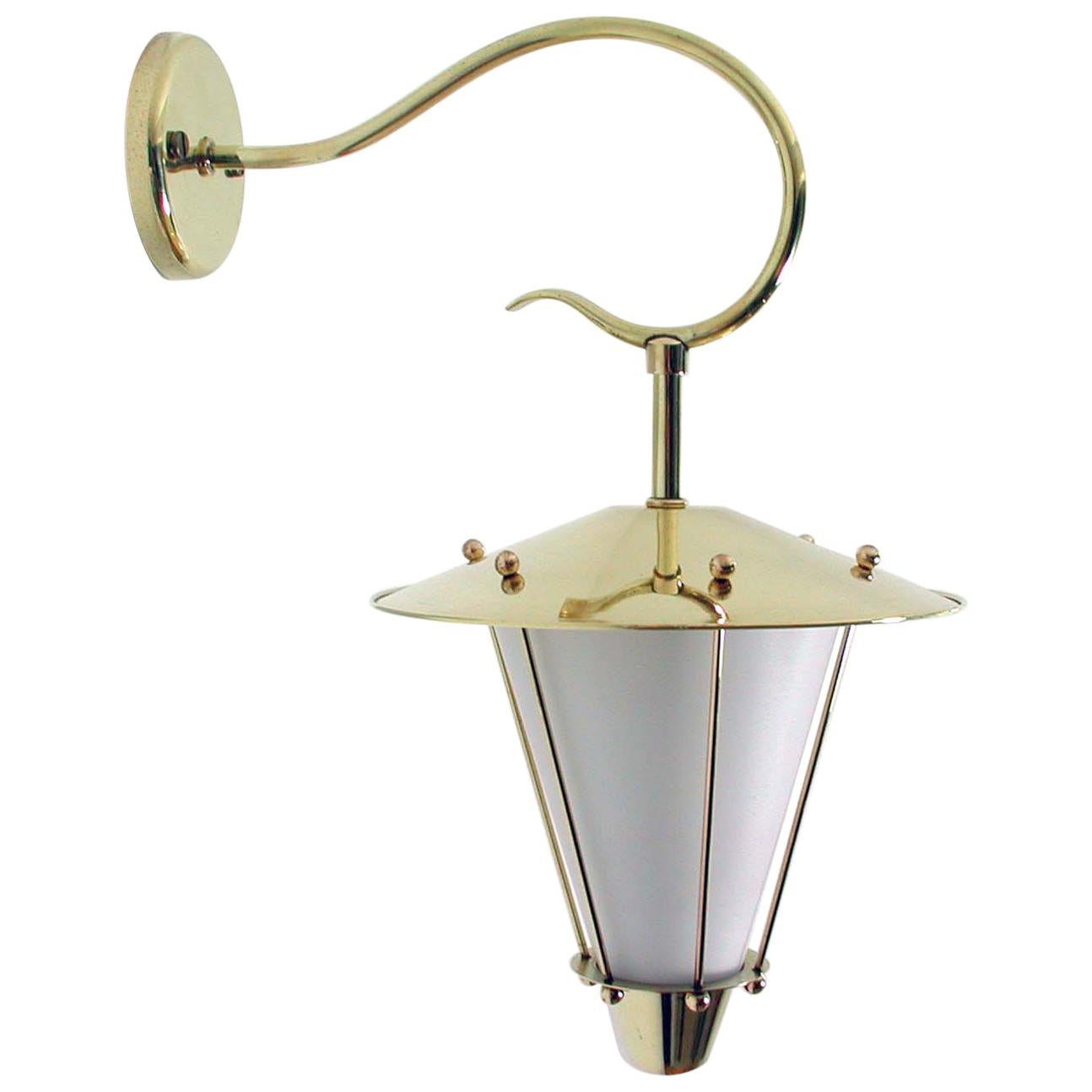 Midcentury French Brass and Opaline Lantern Sconce Wall Light 1950s