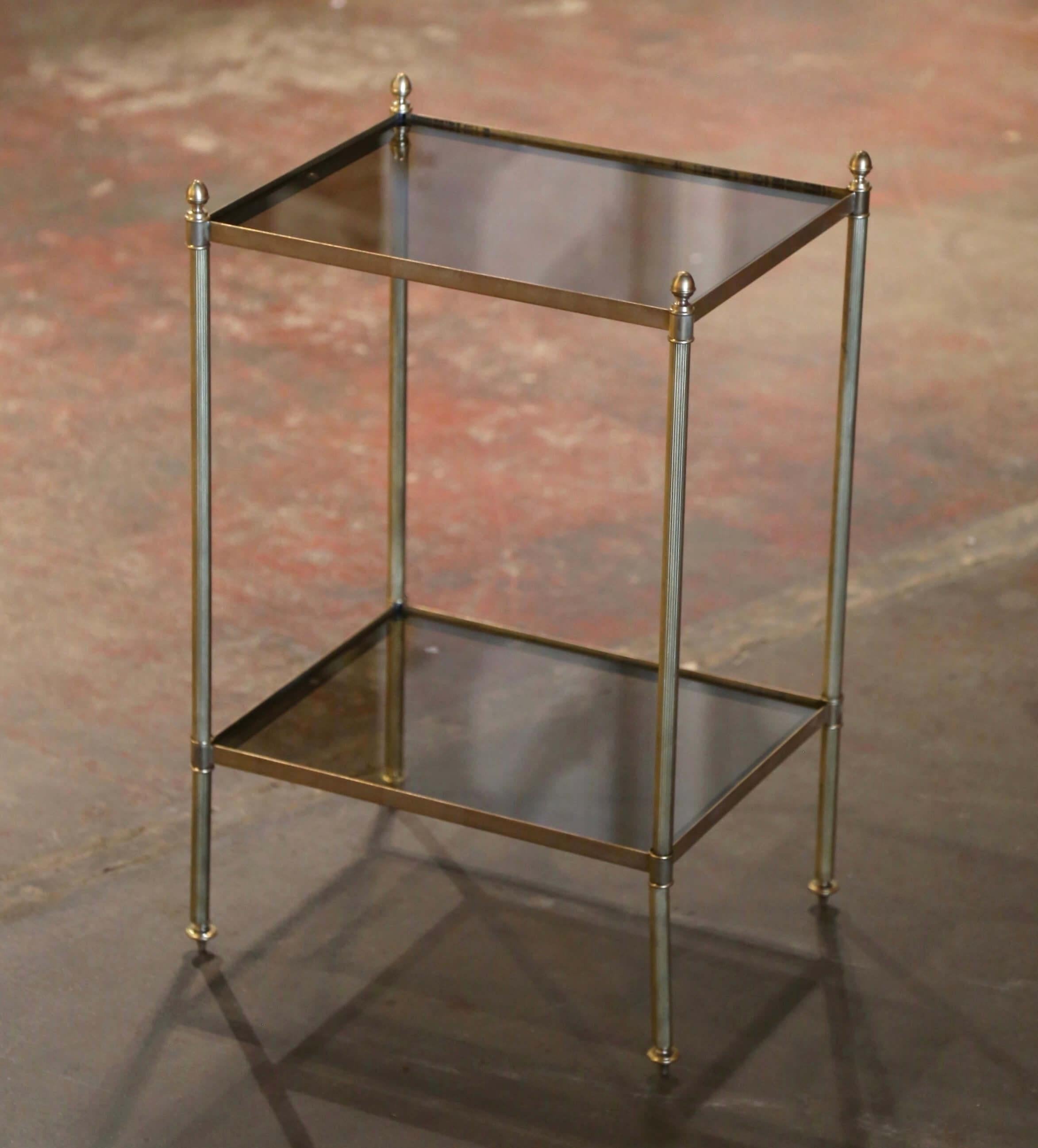 Art Deco Mid-Century French Brass and Tainted Glass Jansen Style Side Table