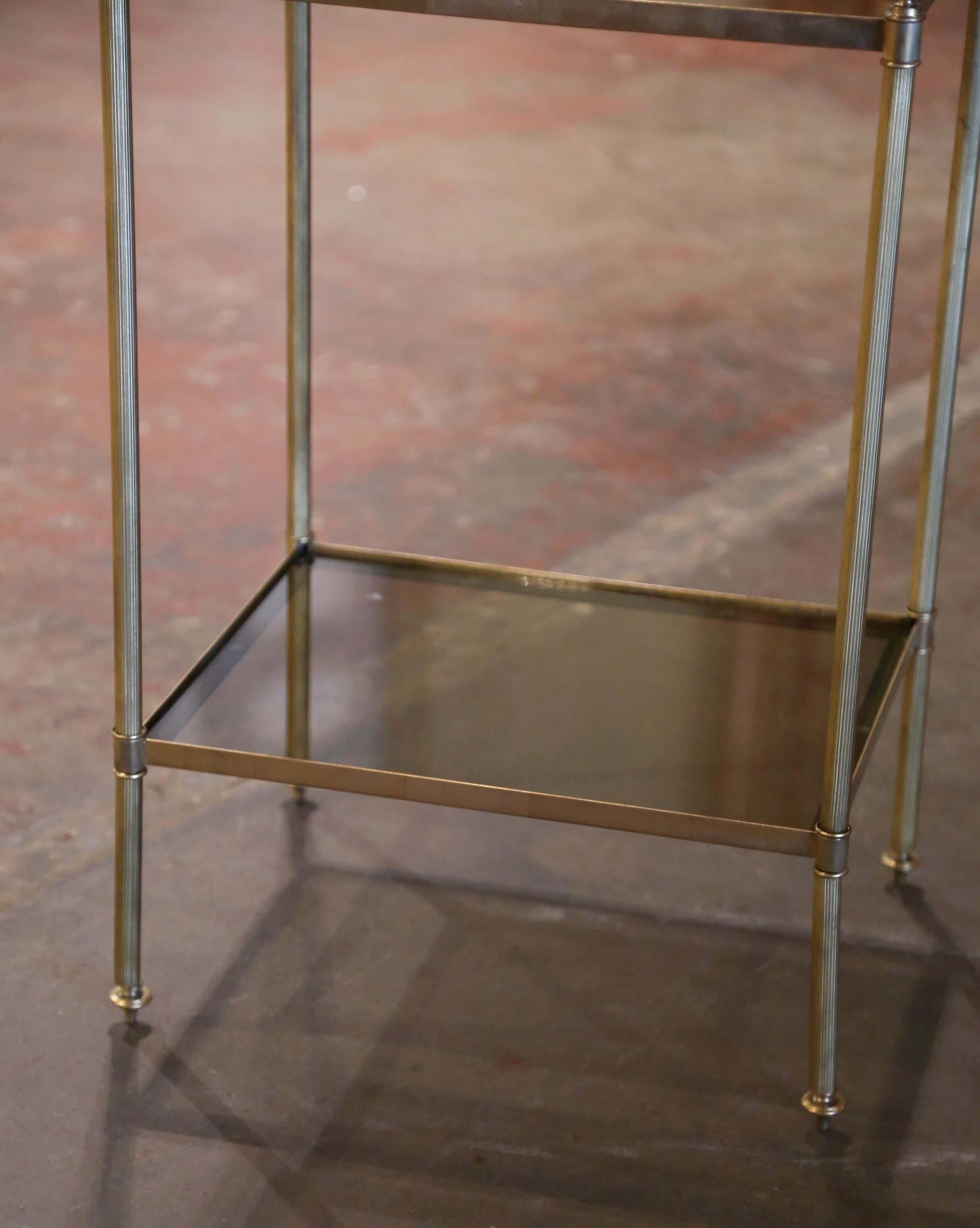 Hand-Crafted Mid-Century French Brass and Tainted Glass Jansen Style Side Table
