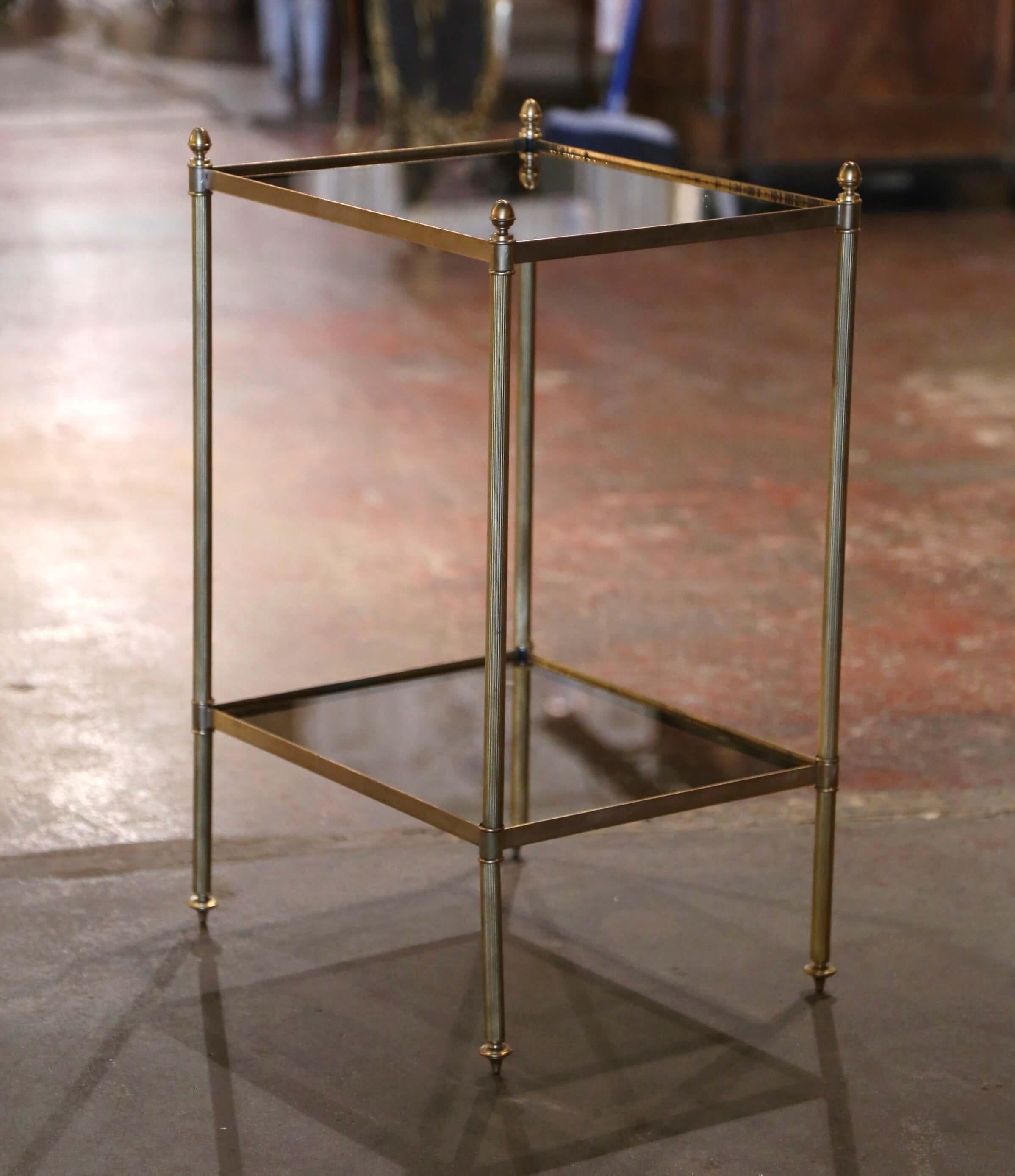 Mid-Century French Brass and Tainted Glass Jansen Style Side Table In Excellent Condition In Dallas, TX
