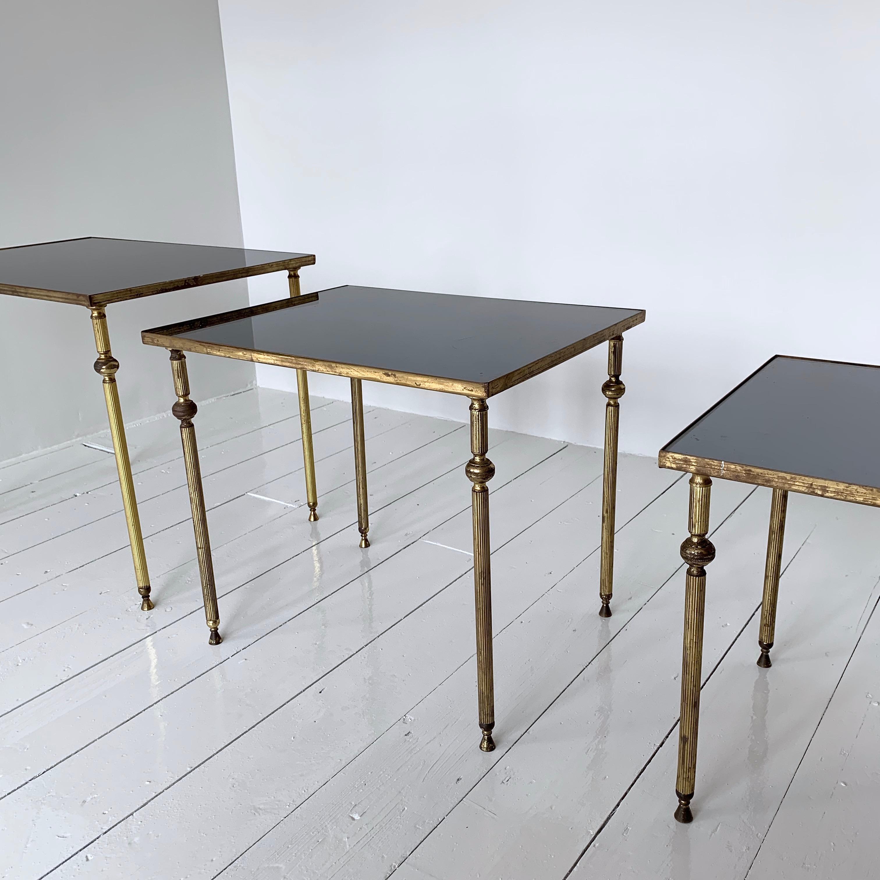 Midcentury French Brass and Tinted Black Mirrored Glass Topped Nest of Tables For Sale 5
