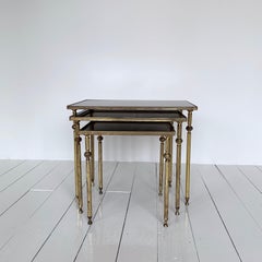 Midcentury French Brass and Tinted Black Mirrored Glass Topped Nest of Tables
