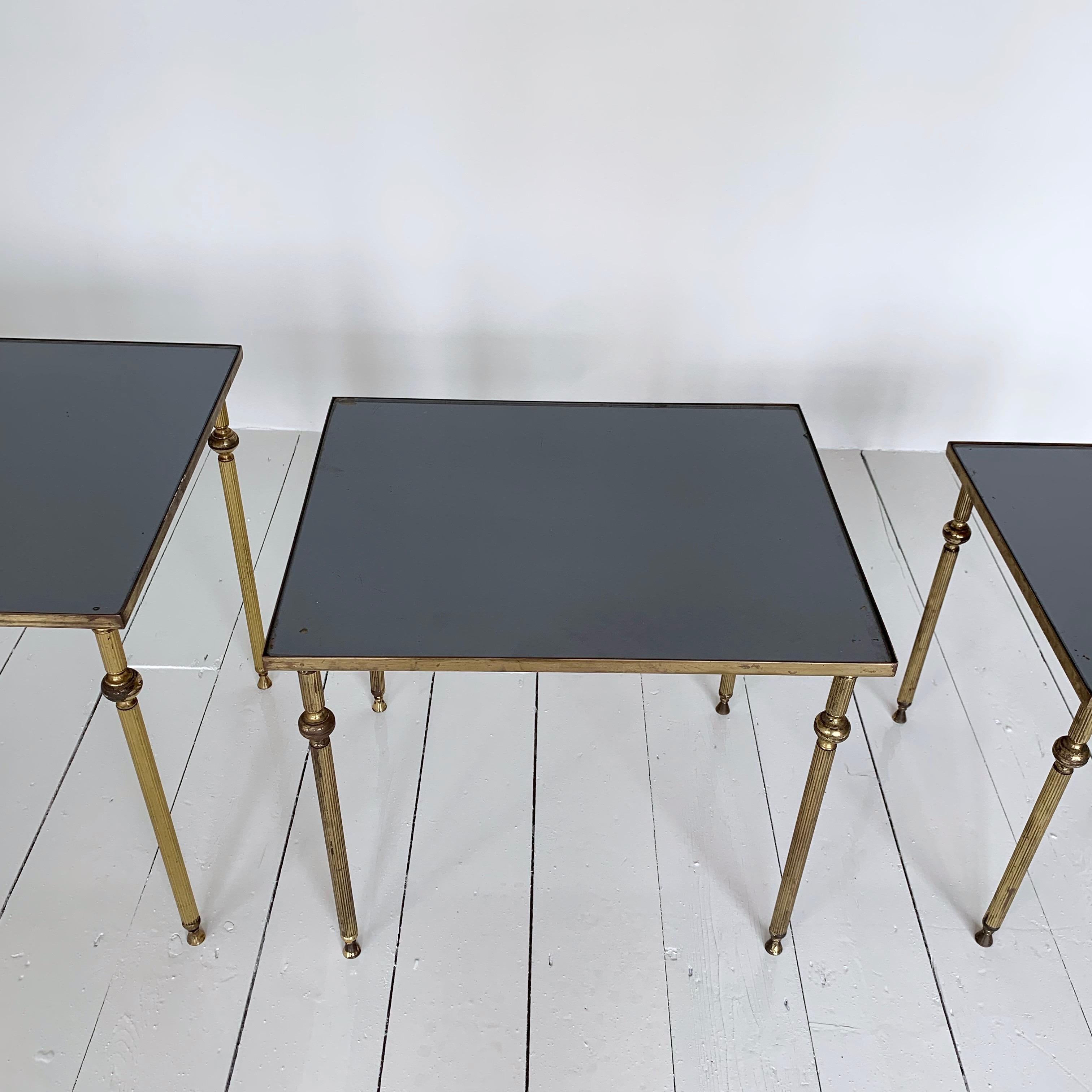 Midcentury French Brass and Tinted Black Mirrored Glass Topped Nest of Tables For Sale 1