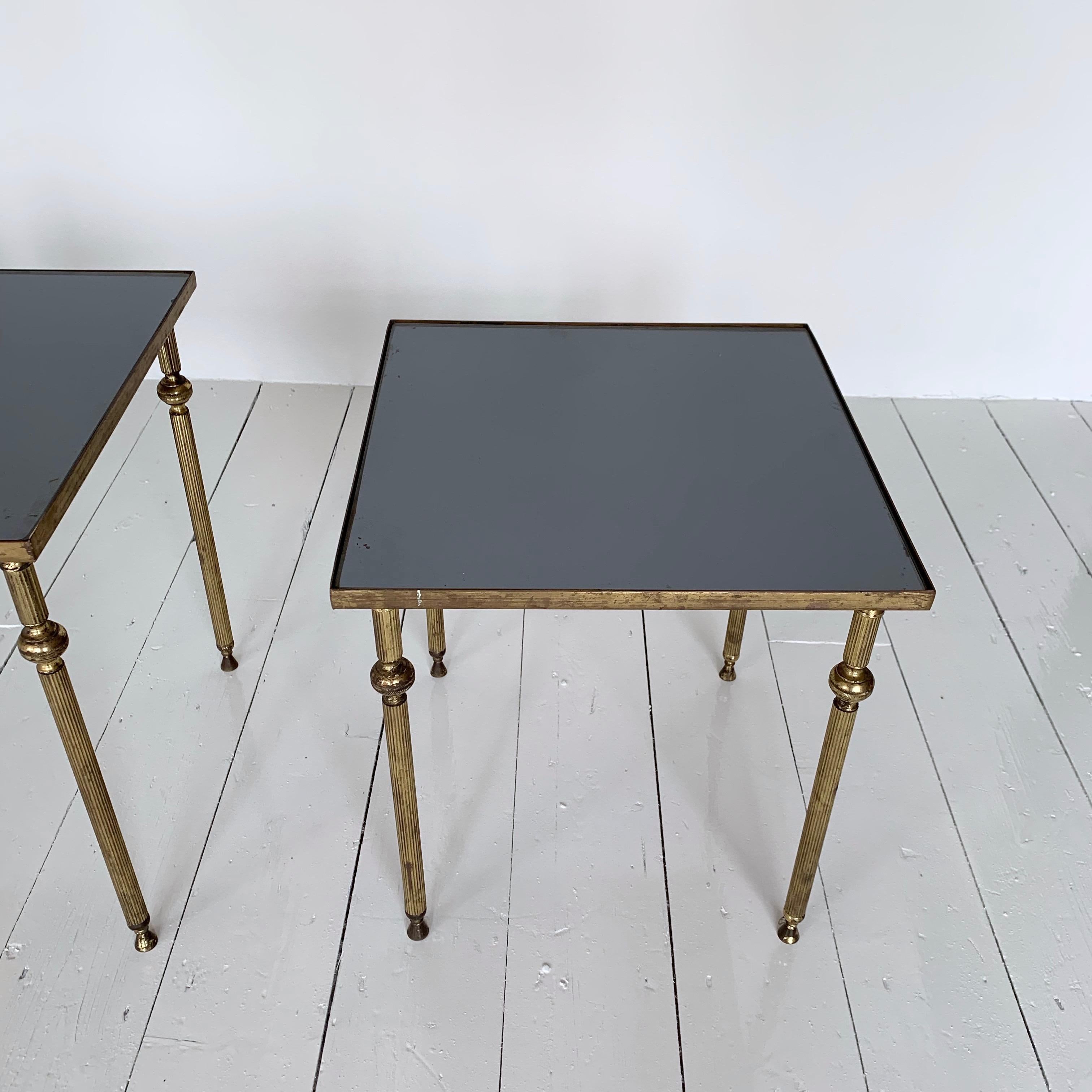 Midcentury French Brass and Tinted Black Mirrored Glass Topped Nest of Tables For Sale 2