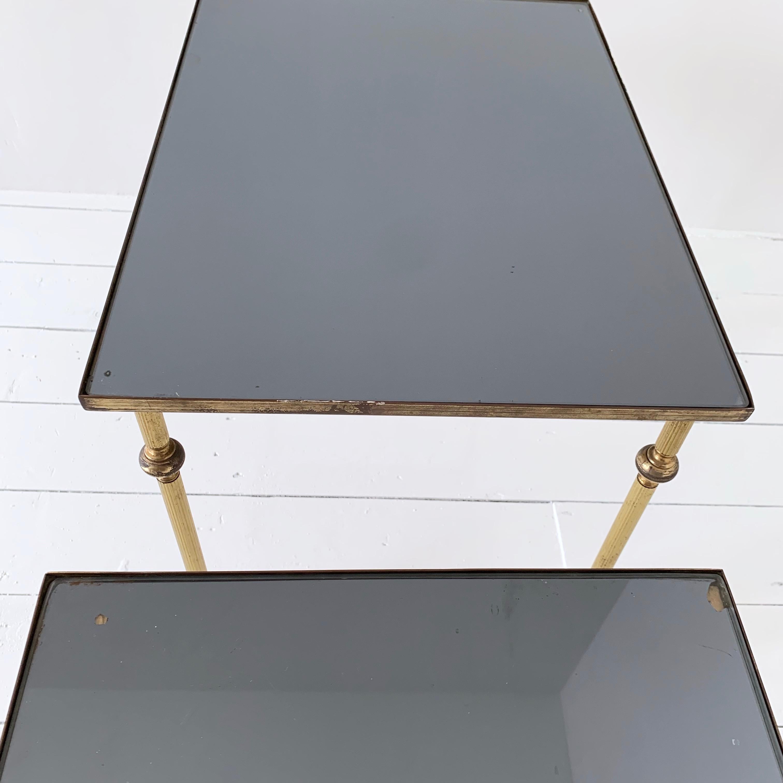 Midcentury French Brass and Tinted Black Mirrored Glass Topped Nest of Tables For Sale 3