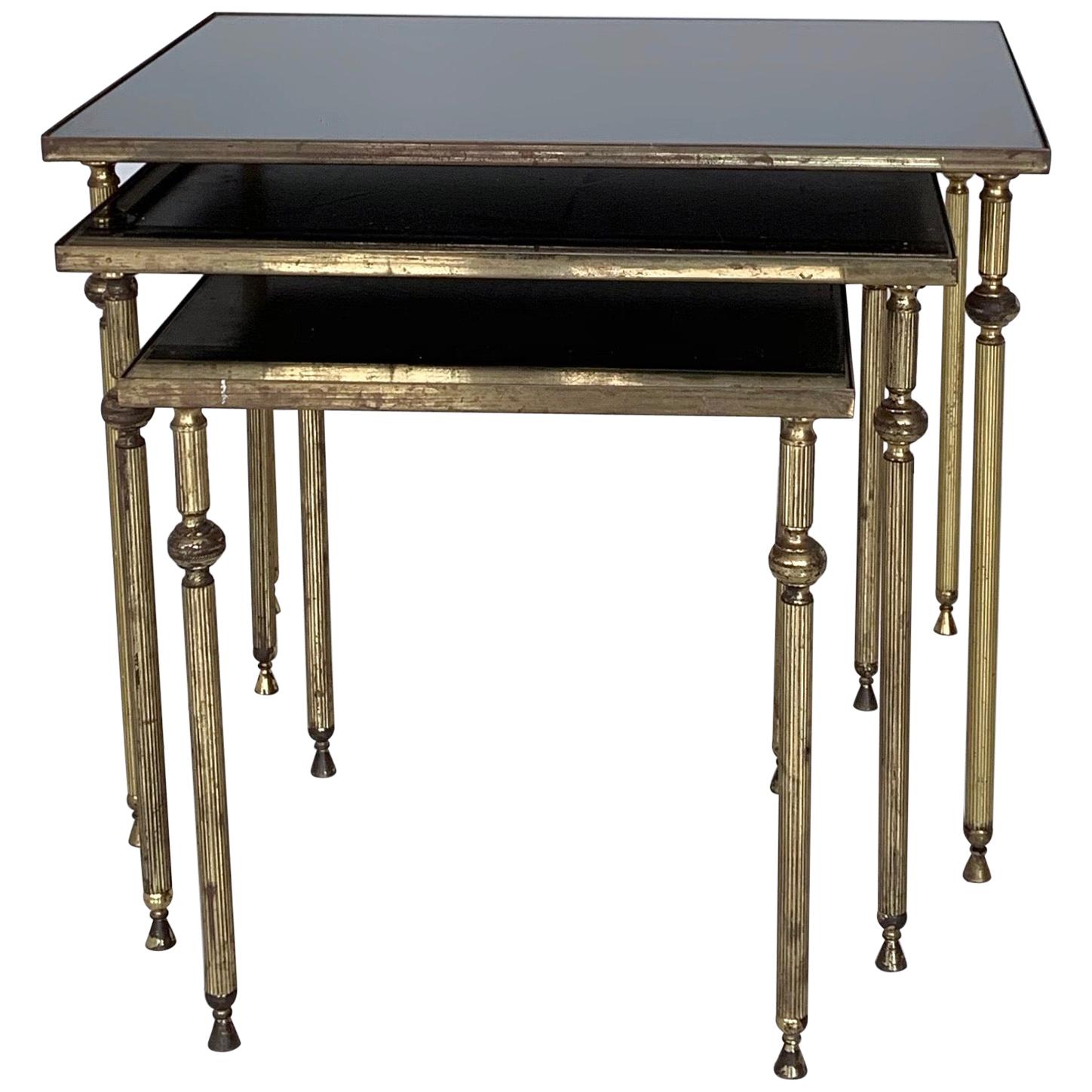 Midcentury French Brass and Tinted Black Mirrored Glass Topped Nest of Tables For Sale