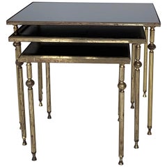 Midcentury French Brass and Tinted Black Mirrored Glass Topped Nest of Tables