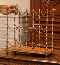 Midcentury French Brass and Walnut Nine Bottles Holder Rack