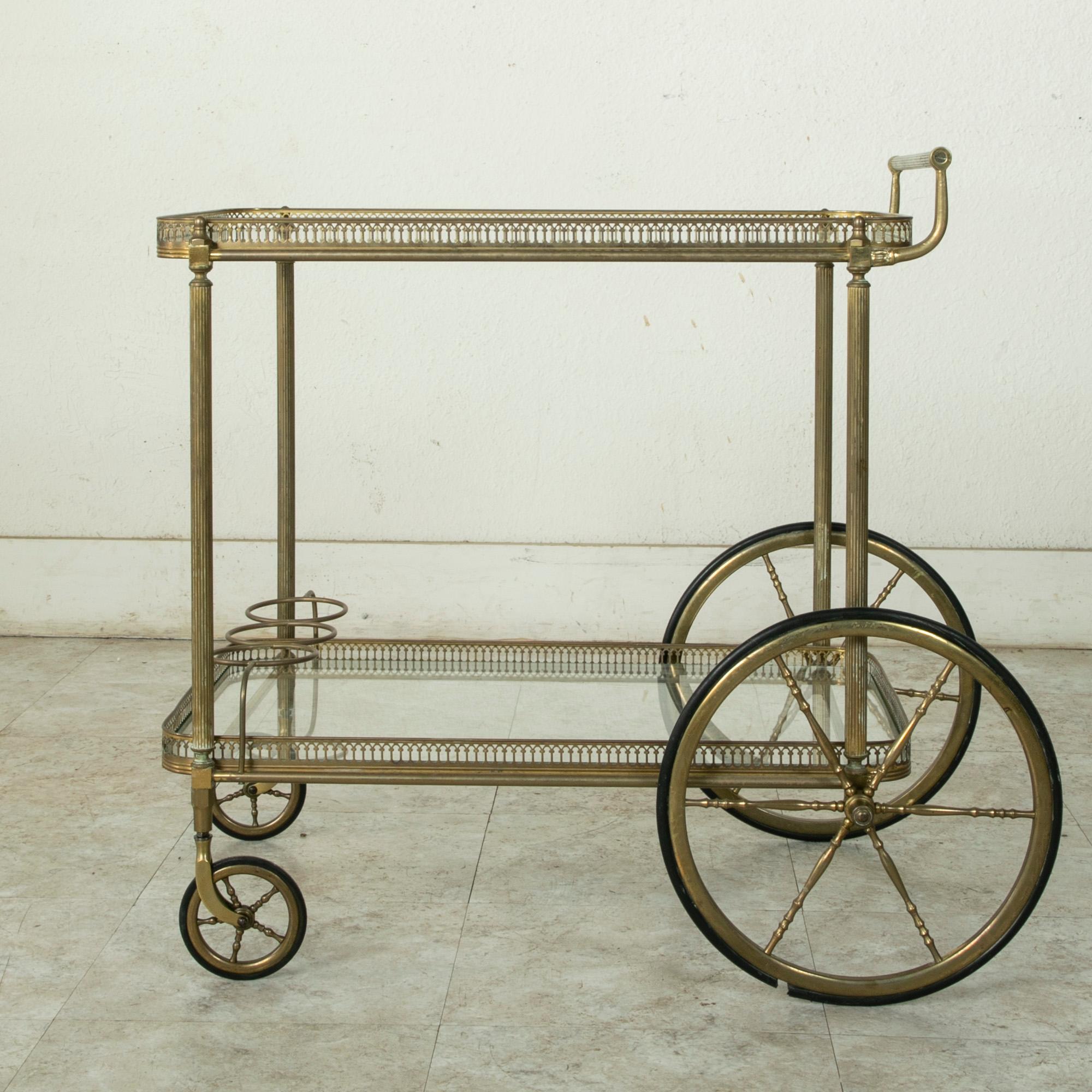 Mid-Century French Brass Bar Cart with Removable Tray In Good Condition In Fayetteville, AR