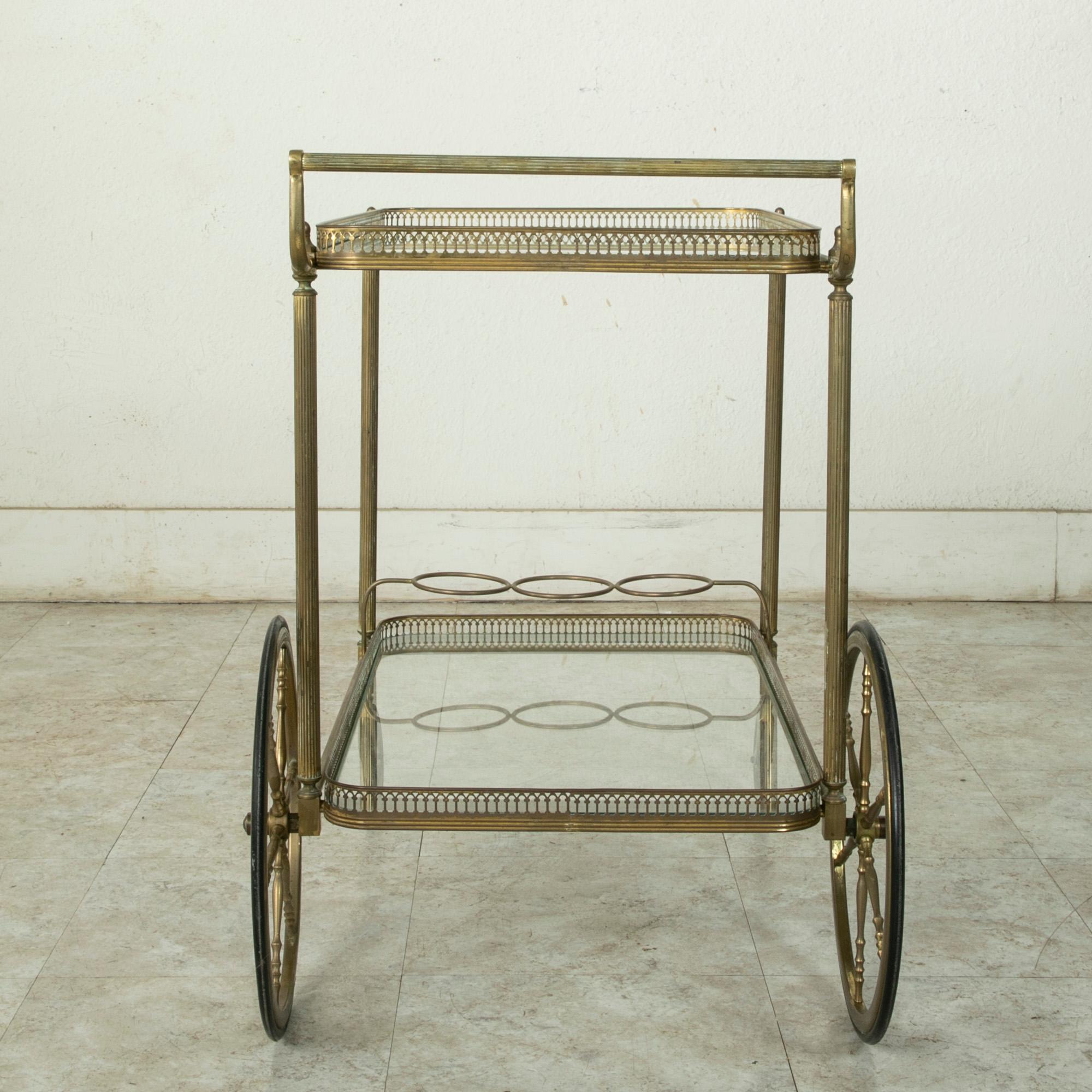 20th Century Mid-Century French Brass Bar Cart with Removable Tray