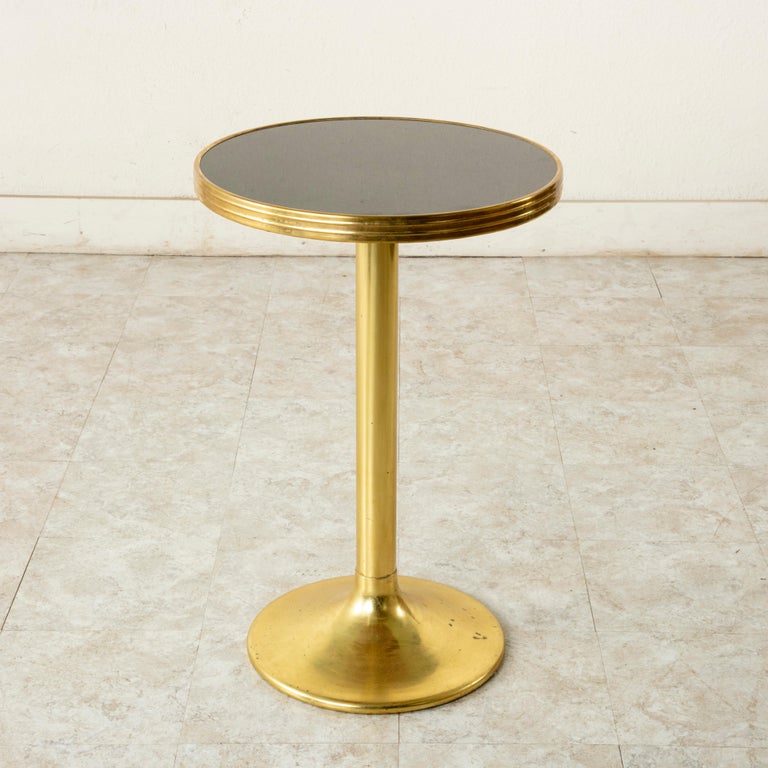 Midcentury French Brass Bistro Set with Black MarbleTop Table and Four