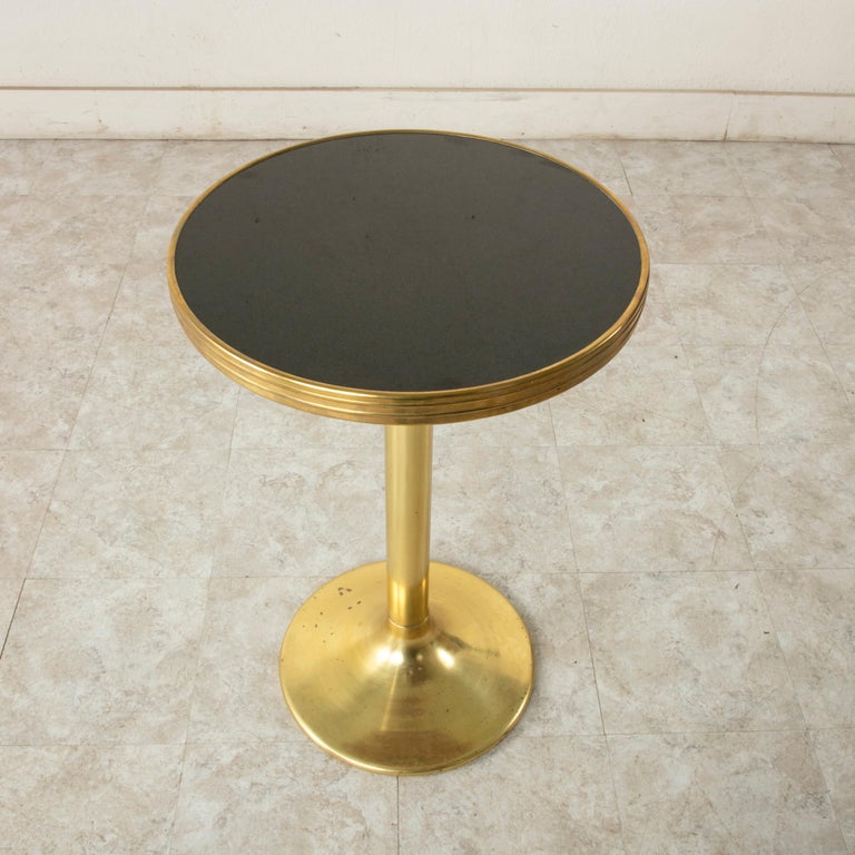 Midcentury French Brass Bistro Set with Black MarbleTop Table and Four