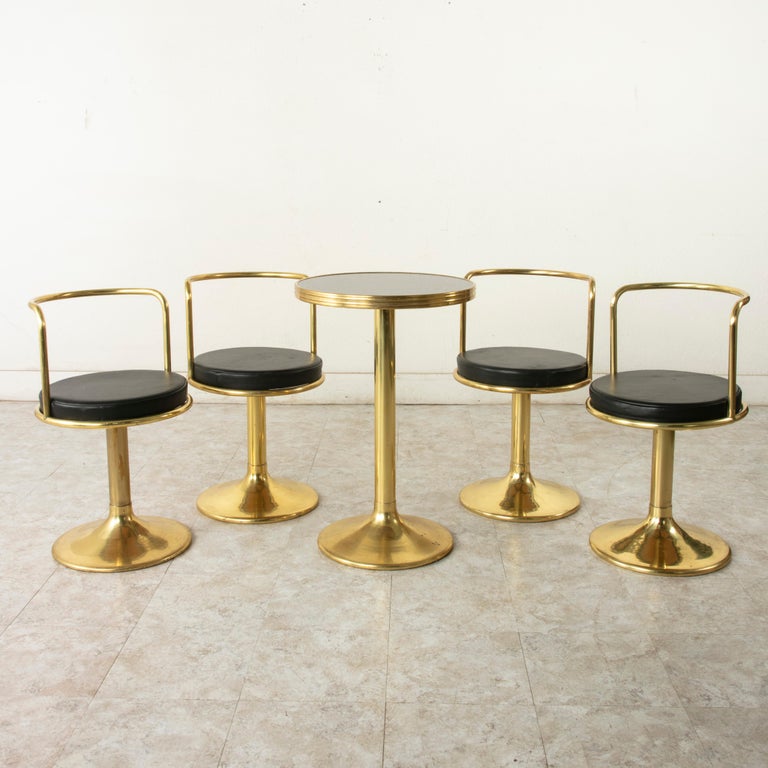 Midcentury French Brass Bistro Set with Black MarbleTop Table and Four