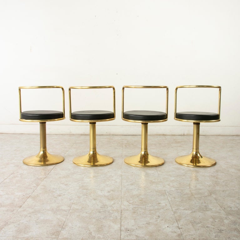 Midcentury French Brass Bistro Set with Black MarbleTop Table and Four