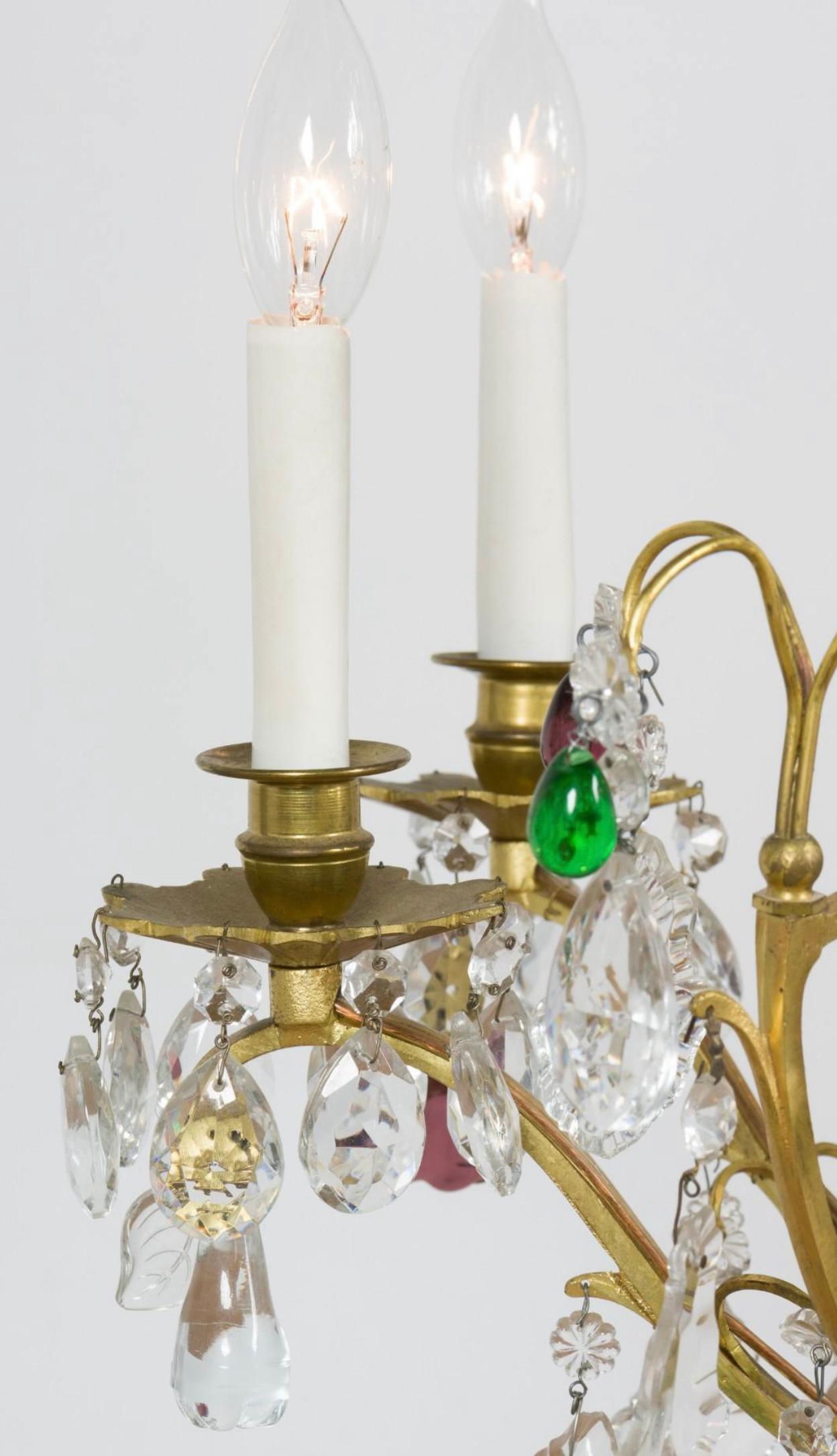 Mid-Century French Brass Chandelier With Crystals And Glass Fruit -6 Arm For Sale 5