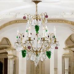 Mid-Century French Brass Chandelier With Crystals And Glass Fruit -6 Arm