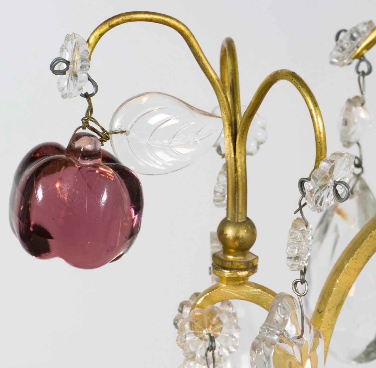 Louis XVI Mid-Century French Brass Chandelier With Crystals And Glass Fruit -6 Arm For Sale