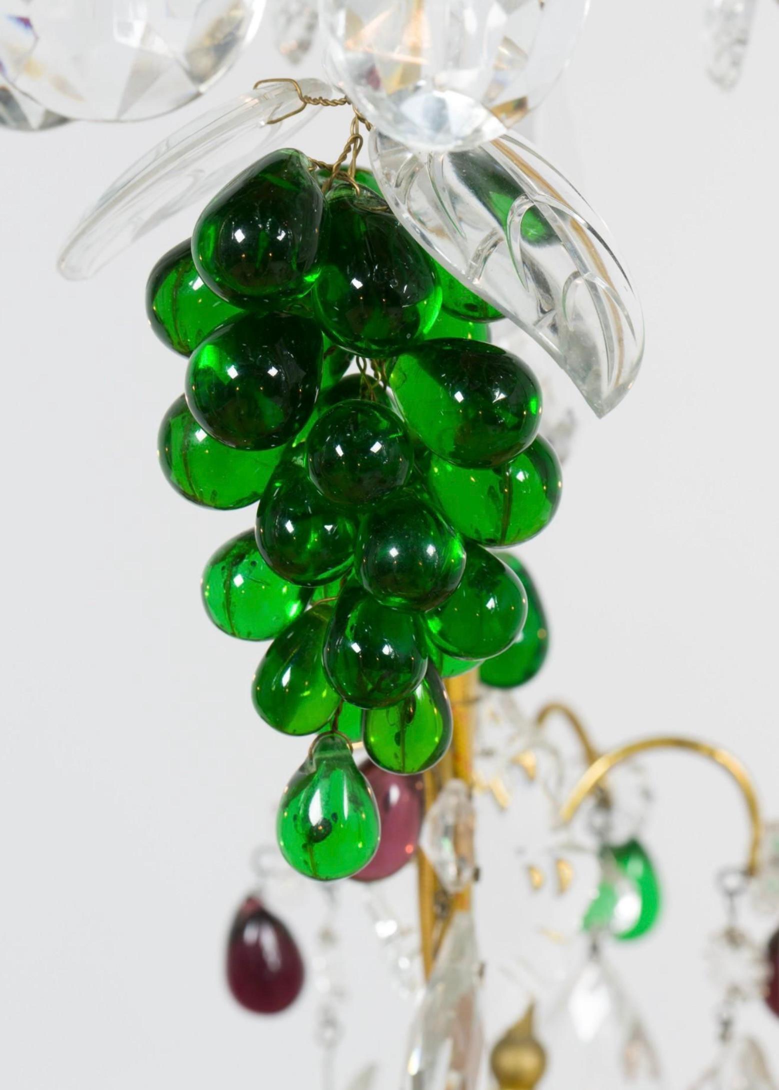Mid-Century French Brass Chandelier With Crystals And Glass Fruit -6 Arm In Good Condition For Sale In Kennesaw, GA