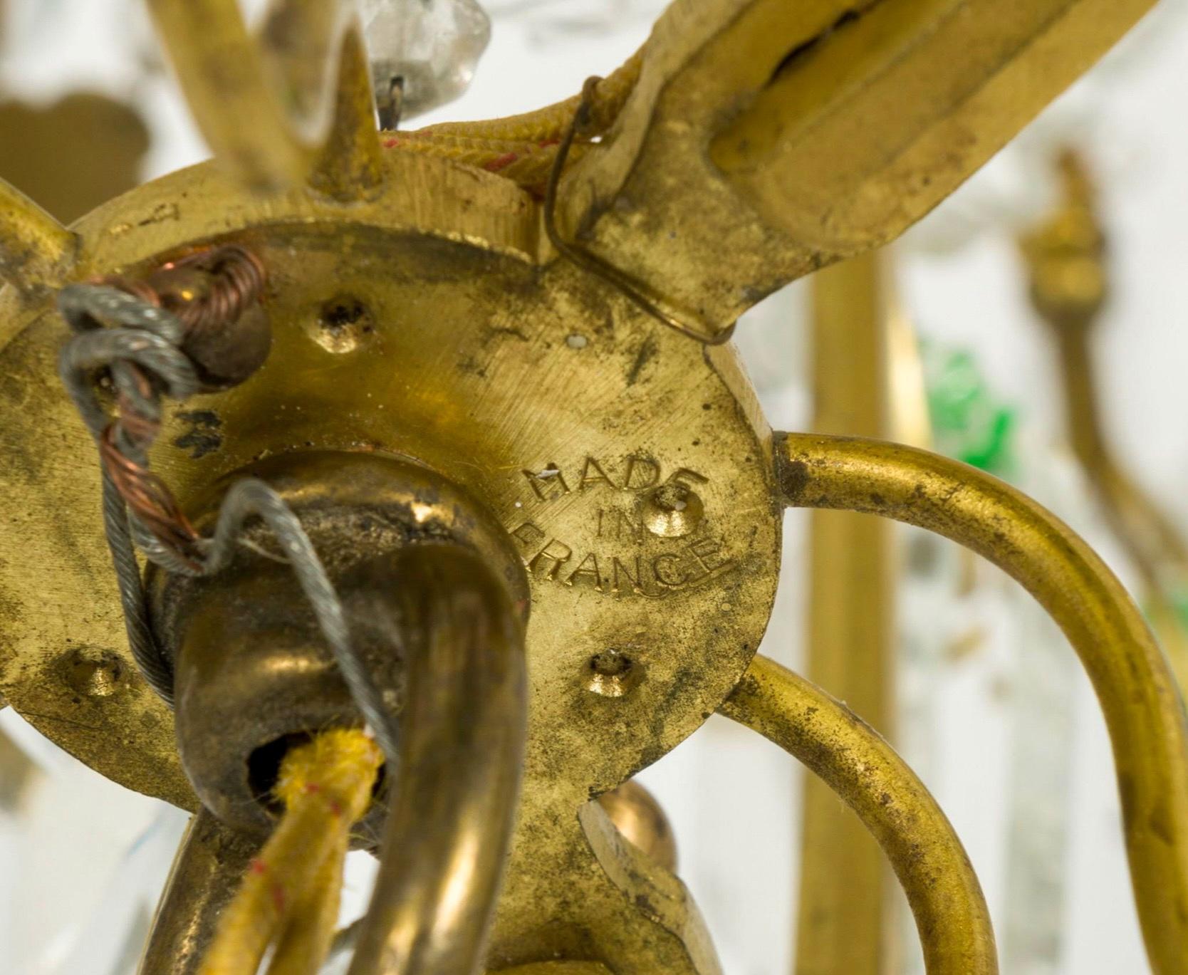 Mid-Century French Brass Chandelier With Crystals And Glass Fruit -6 Arm For Sale 1