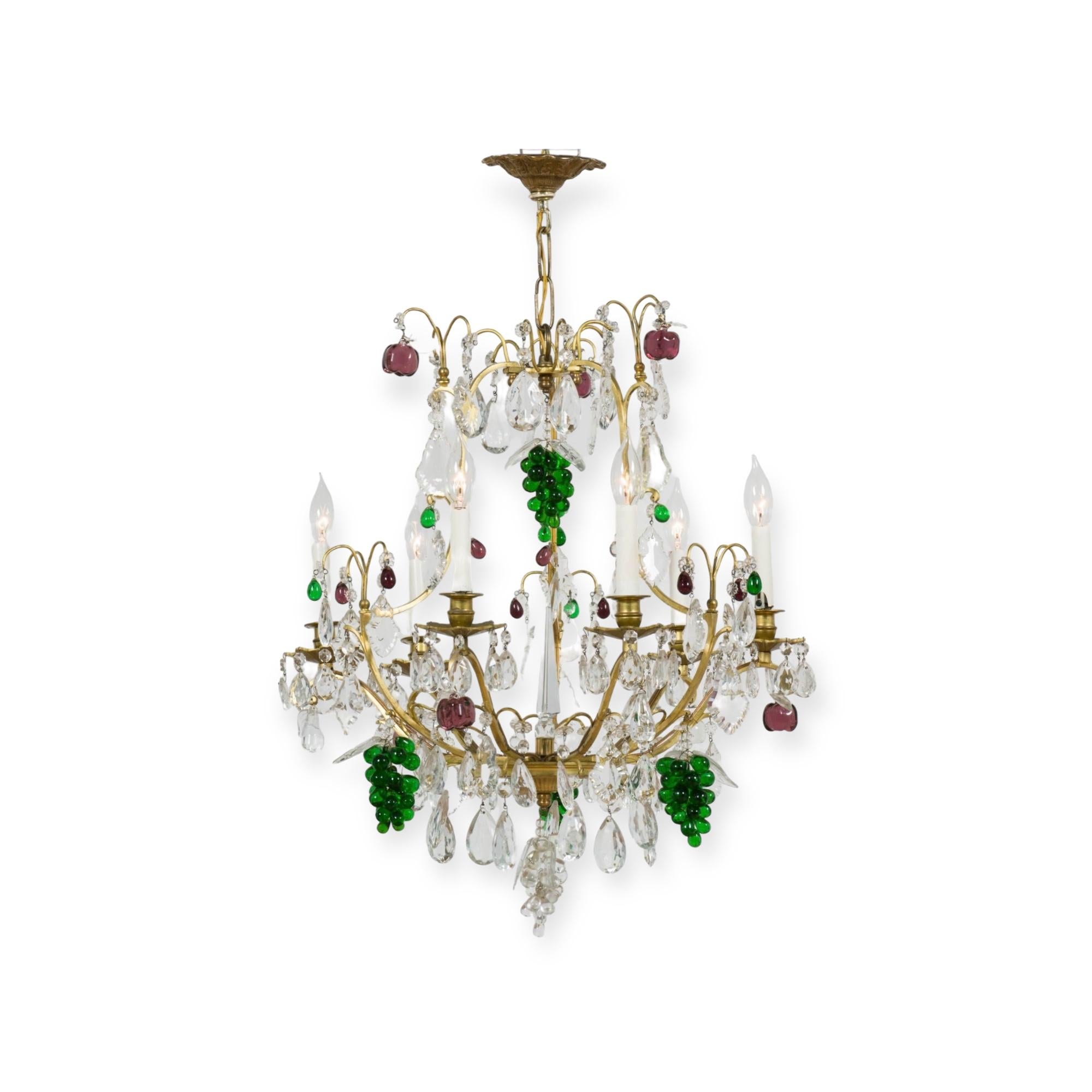 Mid-Century French Brass Chandelier With Crystals And Glass Fruit -6 Arm For Sale 2