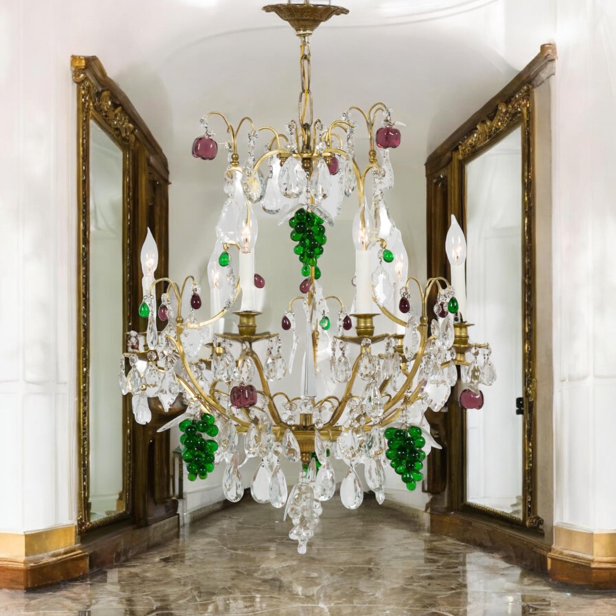 Mid-Century French Brass Chandelier With Crystals And Glass Fruit -6 Arm For Sale 3