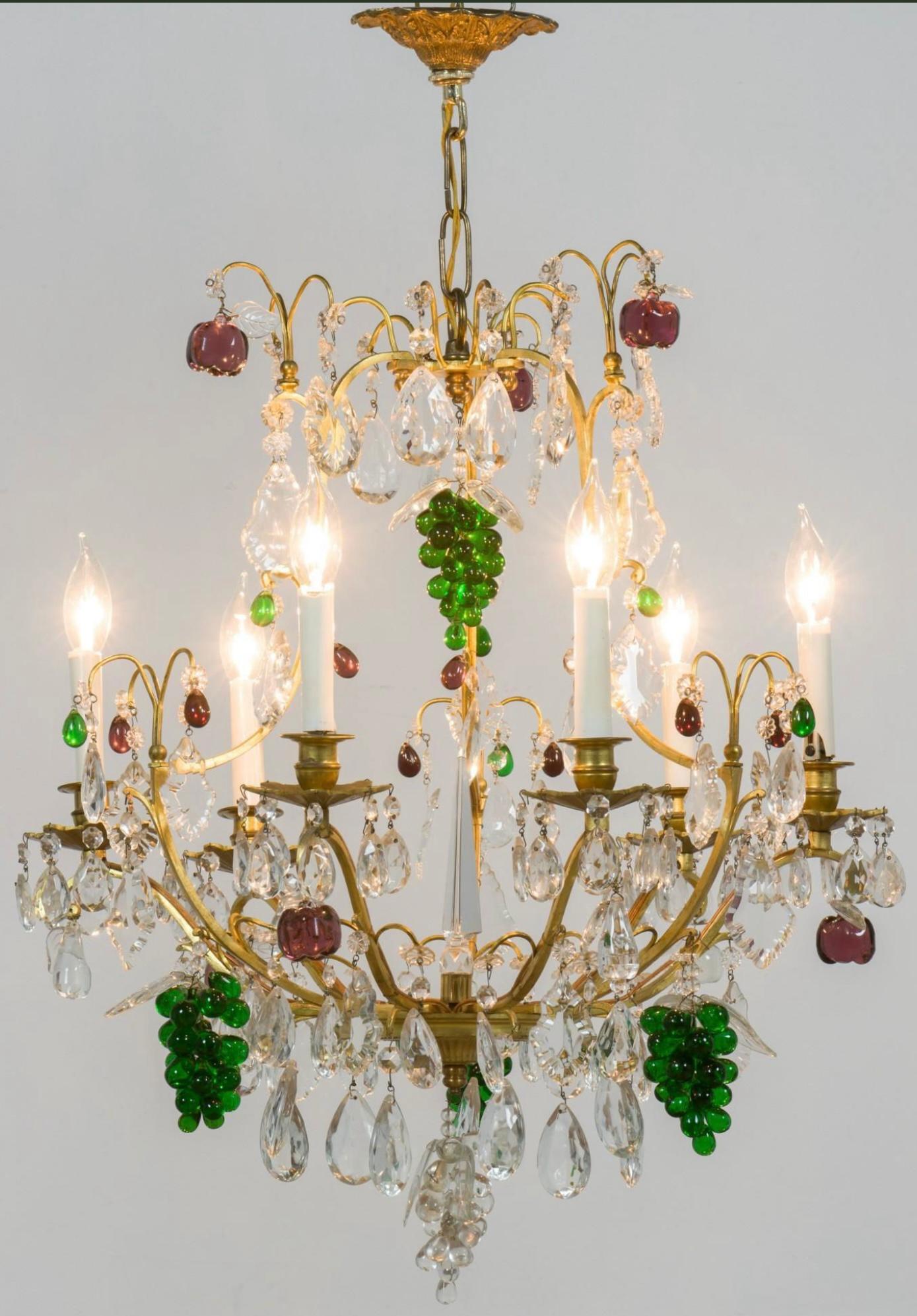 Mid-Century French Brass Chandelier With Crystals And Glass Fruit -6 Arm For Sale 4