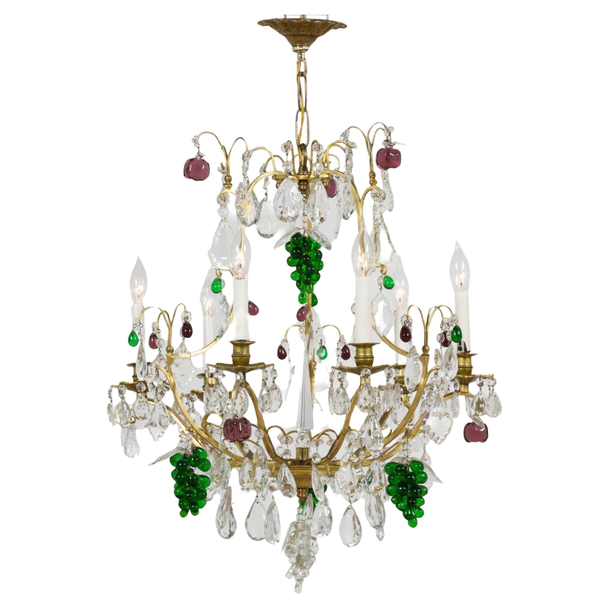 Mid-Century French Brass Chandelier With Crystals And Glass Fruit -6 Arm