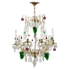 Mid-Century French Brass Chandelier With Crystals And Glass Fruit -6 Arm