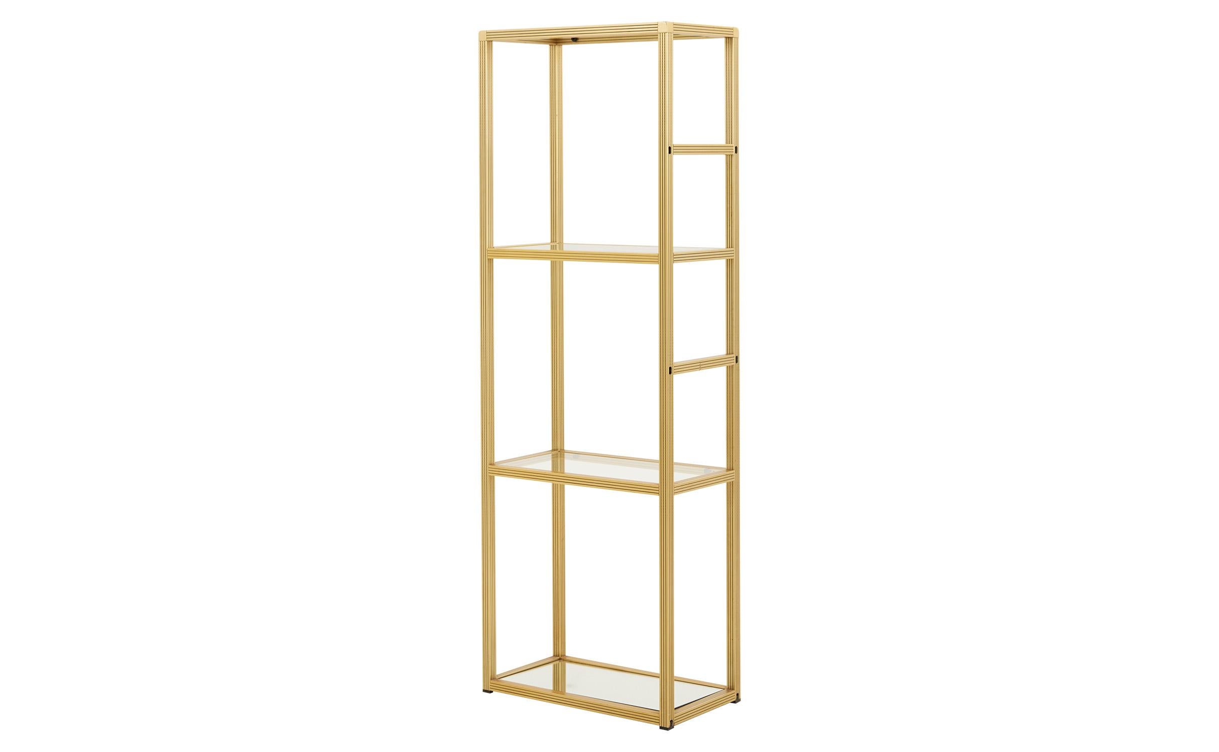 • Brass frame
• Glass shelves
• Mirrored bottom shelf
• Mid-20th century
• France
• Measures 21.75
