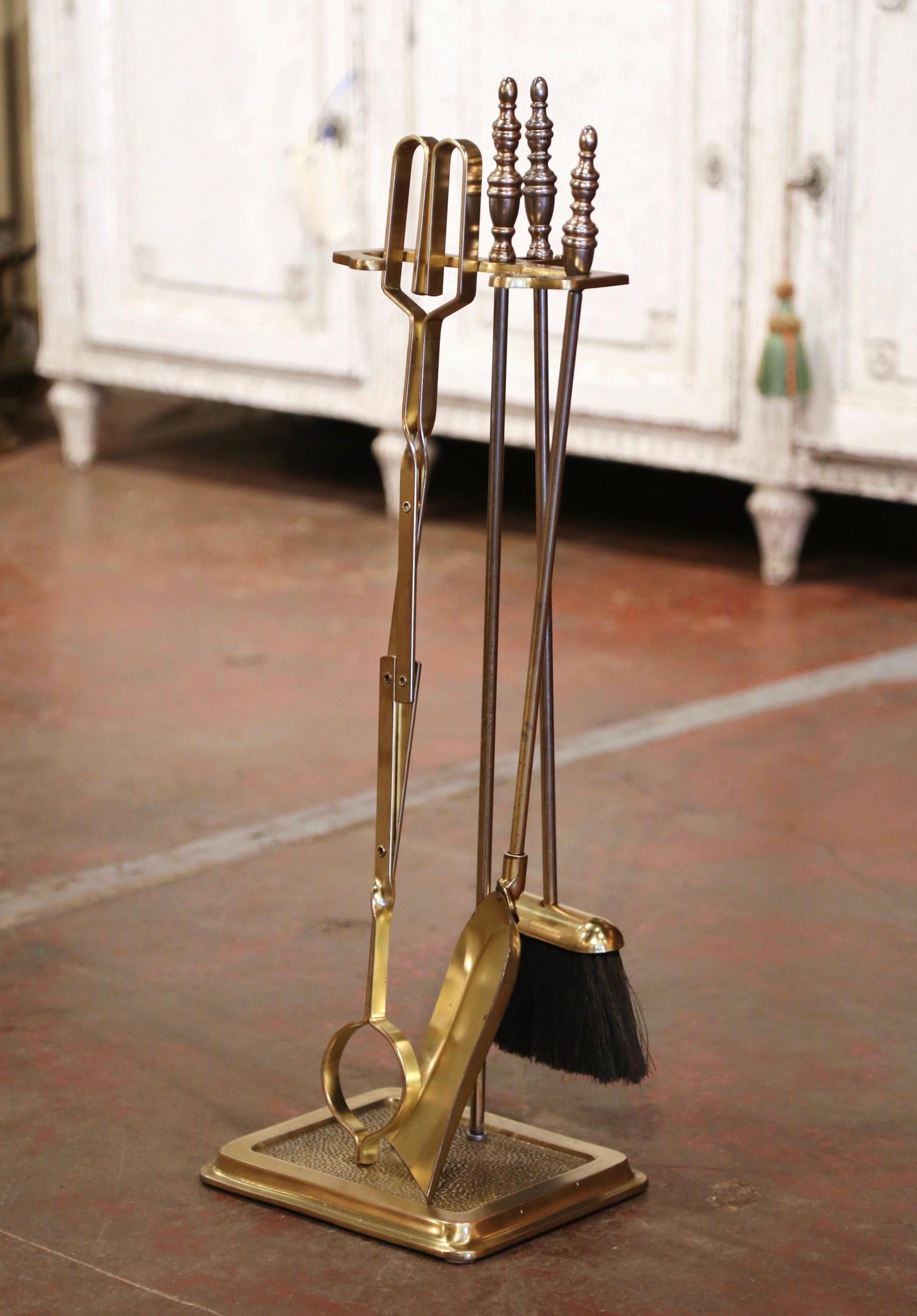 Place this elegant fireplace tool set next to your mantel. Crafted in France circa 1960, the brass Rococo 