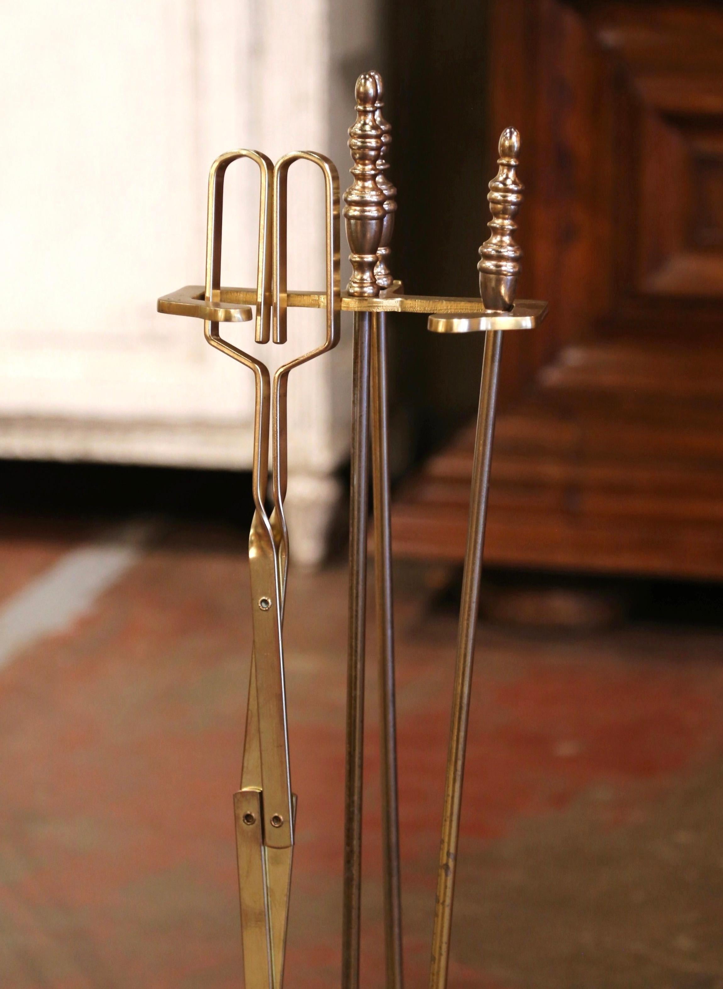 Hand-Crafted Mid-Century French Brass Fireplace Tool Set on Stand