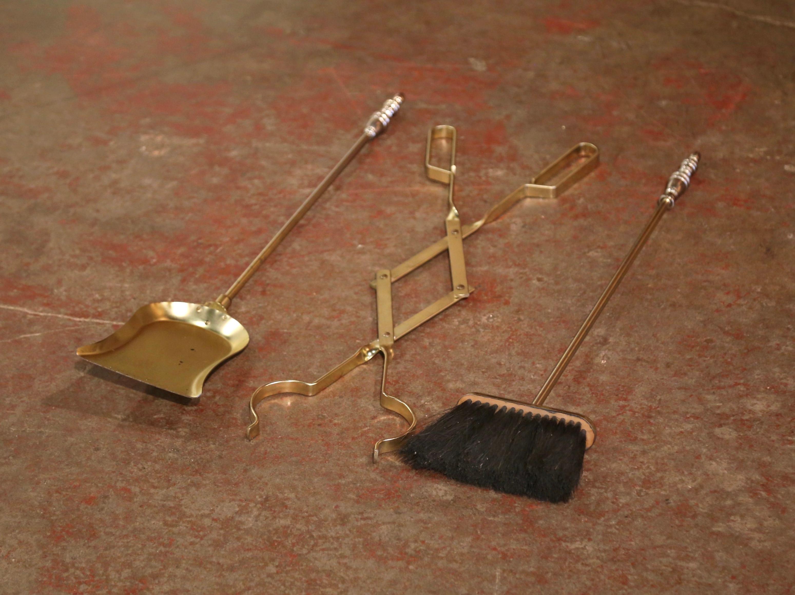 Mid-Century French Brass Fireplace Tool Set on Stand 2