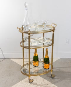 Midcentury French Brass and Glass Oval Bar Cart with Removable Top Tray