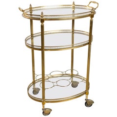 Midcentury French Brass and Glass Oval Bar Cart with Removable Top Tray