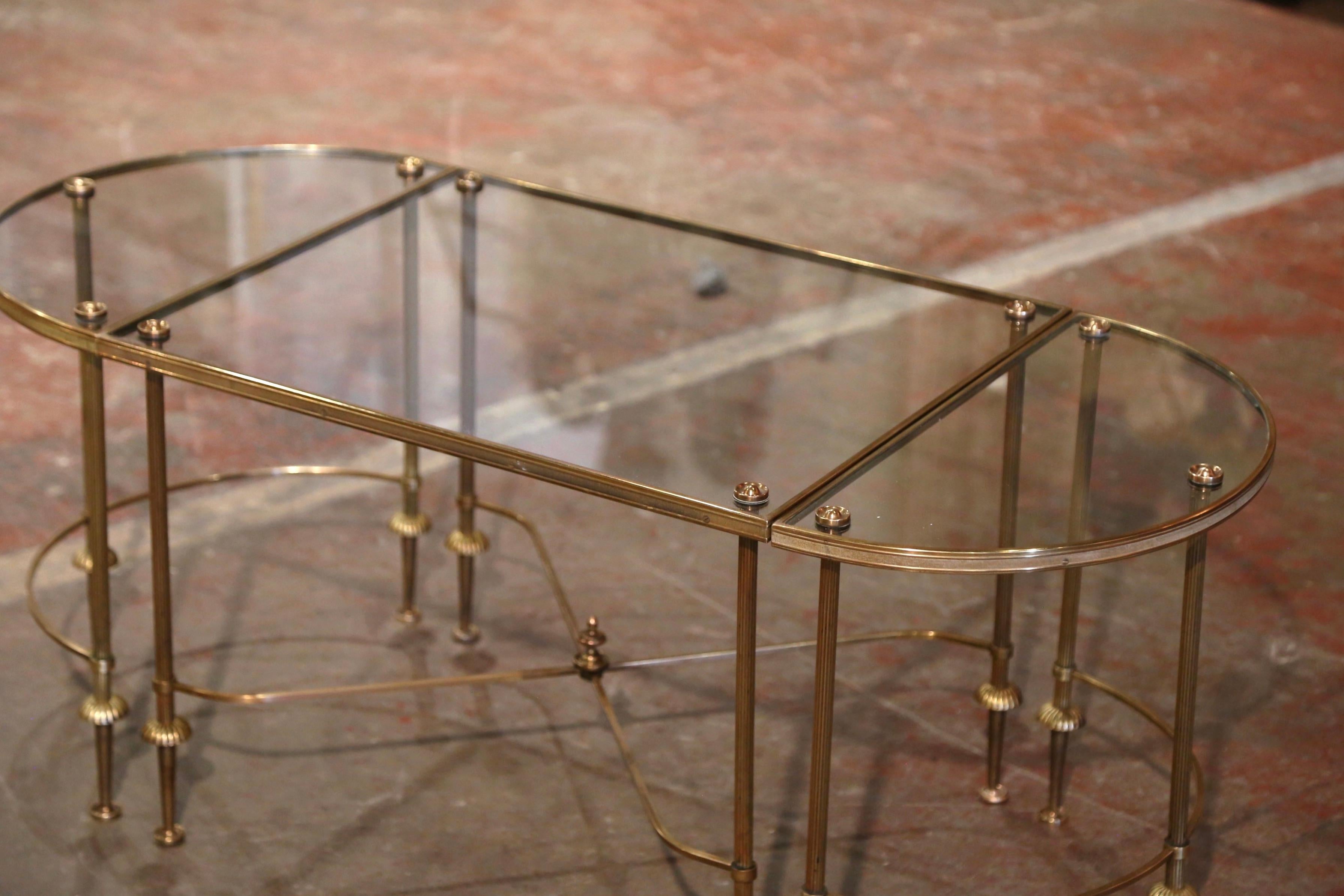 Neoclassical Mid-Century French Brass & Glass Three-Section Coffee Table Maison Baguès Style