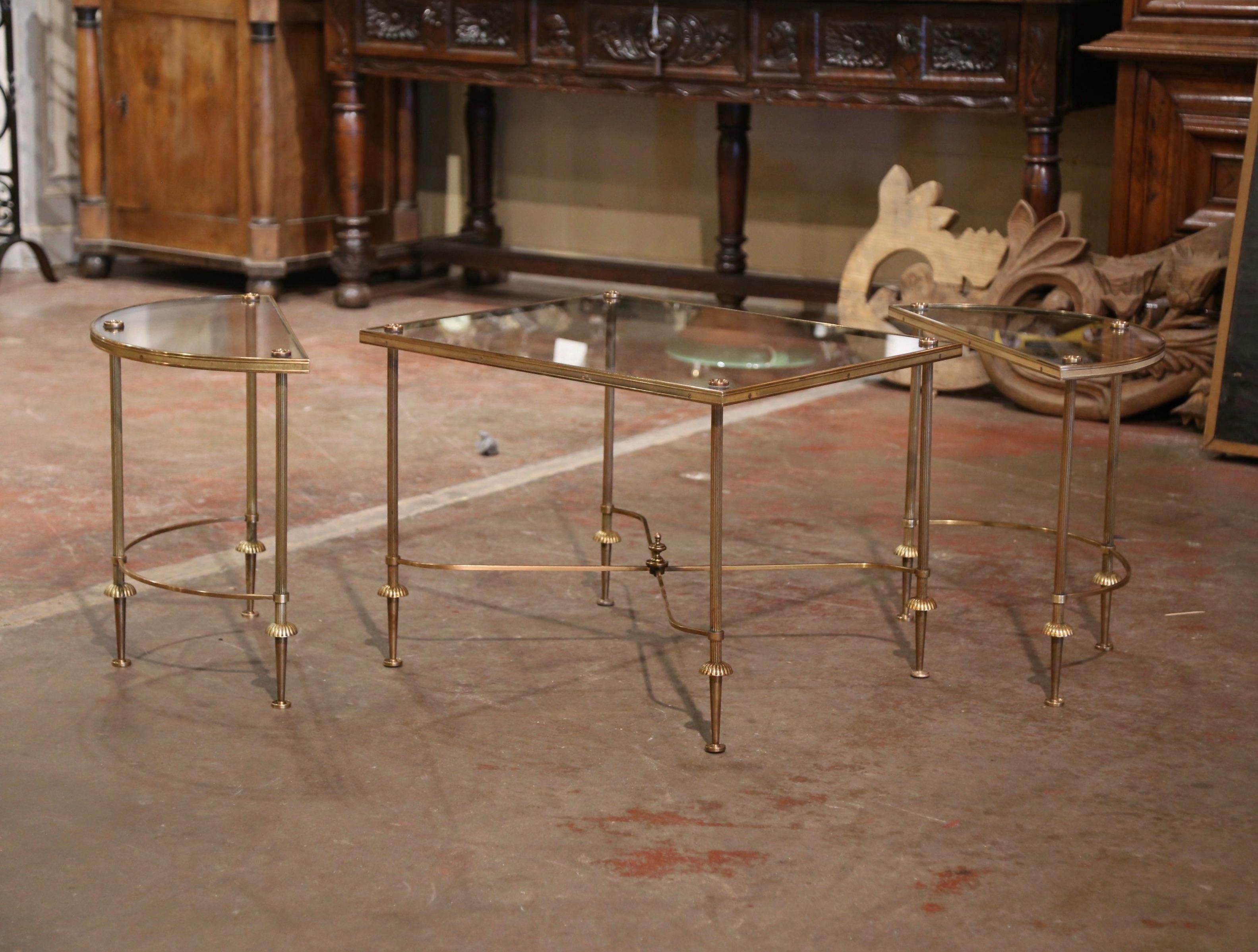 Gilt Mid-Century French Brass & Glass Three-Section Coffee Table Maison Baguès Style
