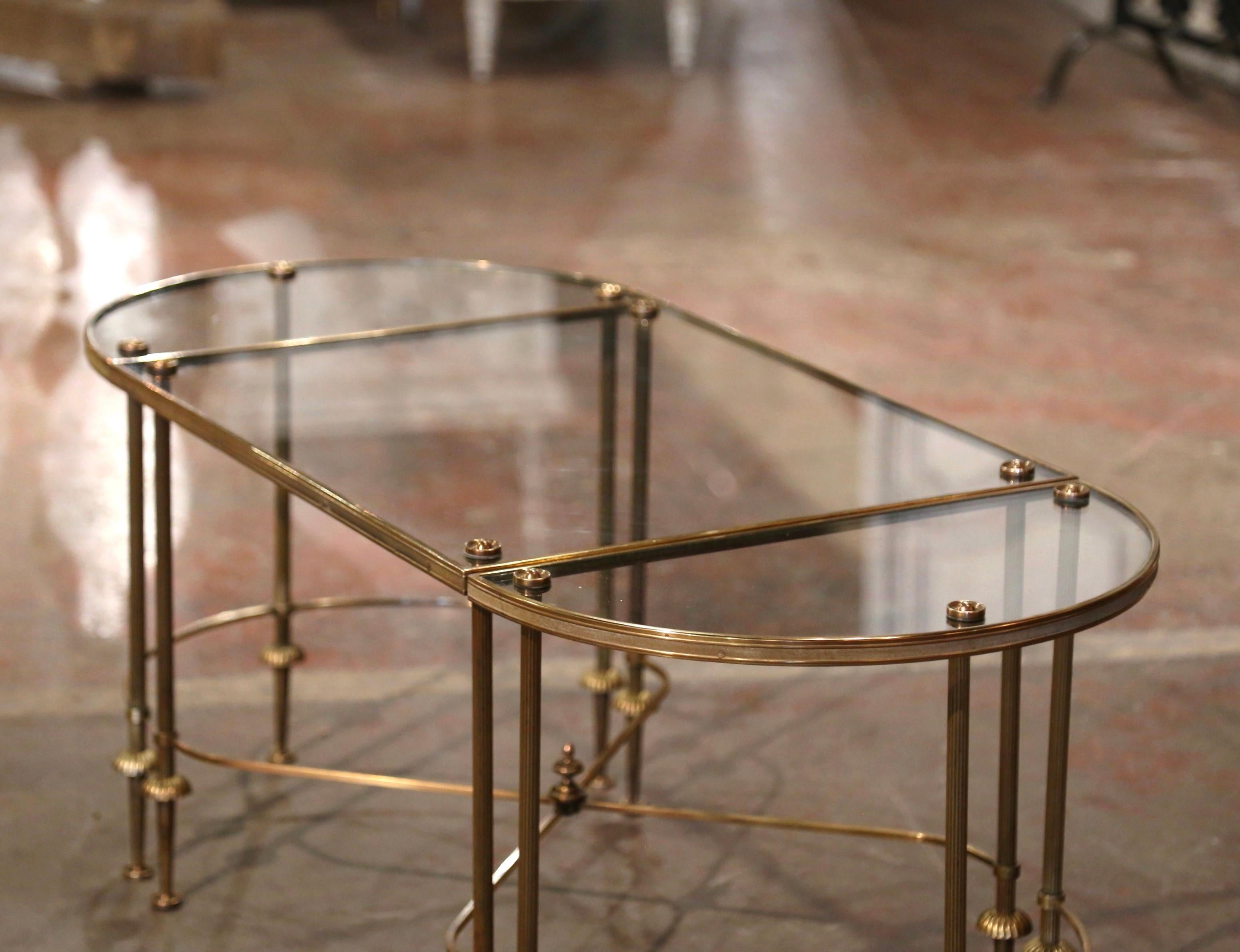 Mid-Century French Brass & Glass Three-Section Coffee Table Maison Baguès Style In Excellent Condition In Dallas, TX