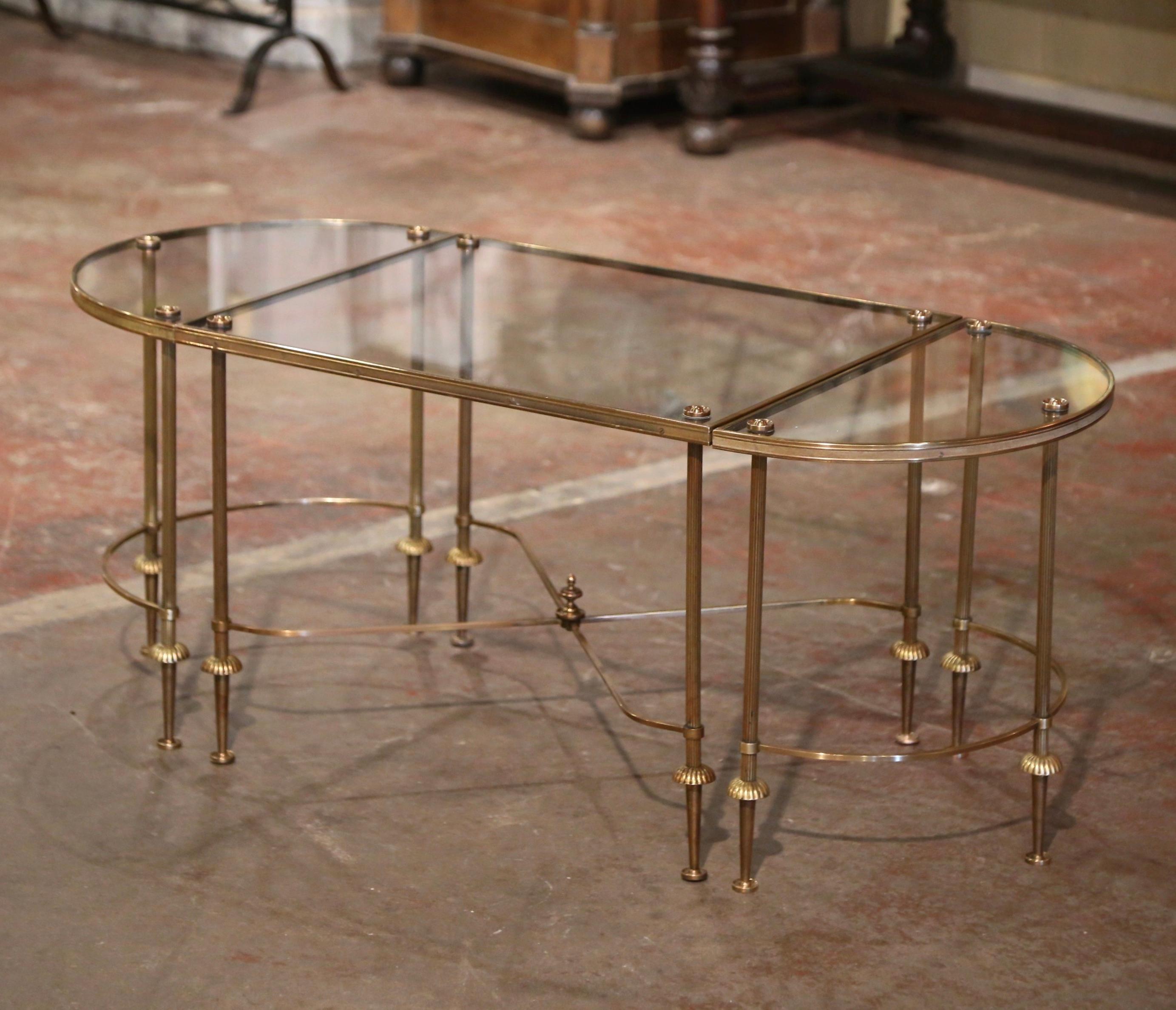20th Century Mid-Century French Brass & Glass Three-Section Coffee Table Maison Baguès Style
