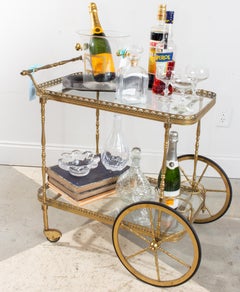 Midcentury French Brass and Glass Trolley Style Bar Cart with Large Wheels