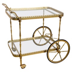 Midcentury French Brass and Glass Trolley Style Bar Cart with Large Wheels