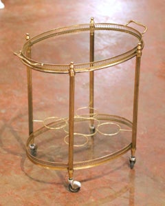 Mid-Century French Brass Oval Bar Cart with Bottle Holder and Glass Shelf