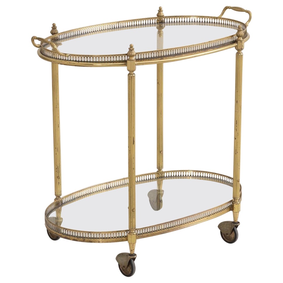 Mid Century French Brass Serving Trolly Bar Cart with Removable Tray