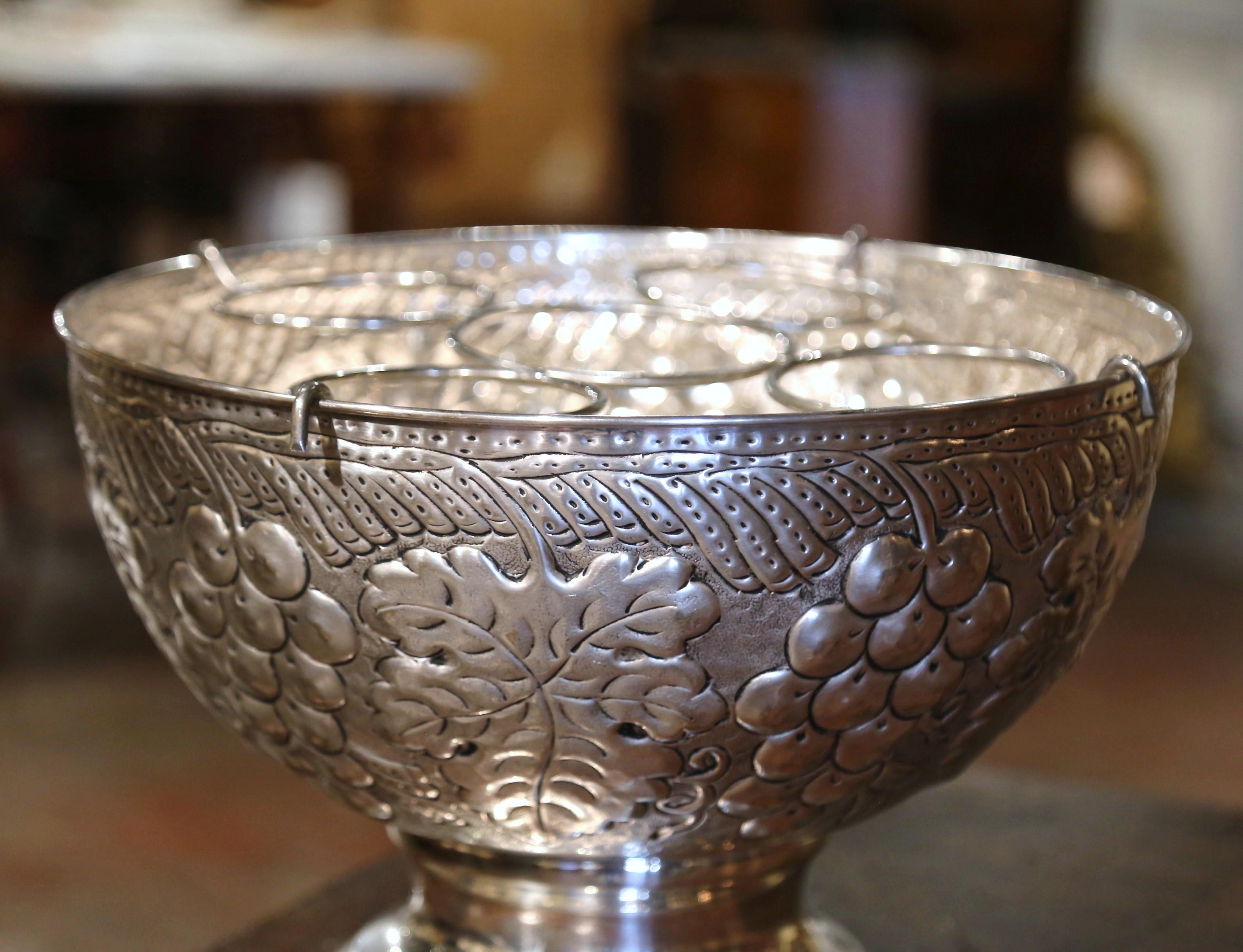 Hand-Crafted Mid-Century French Brass Silver Plated Wine Cooler with Repousse Vine Motifs For Sale