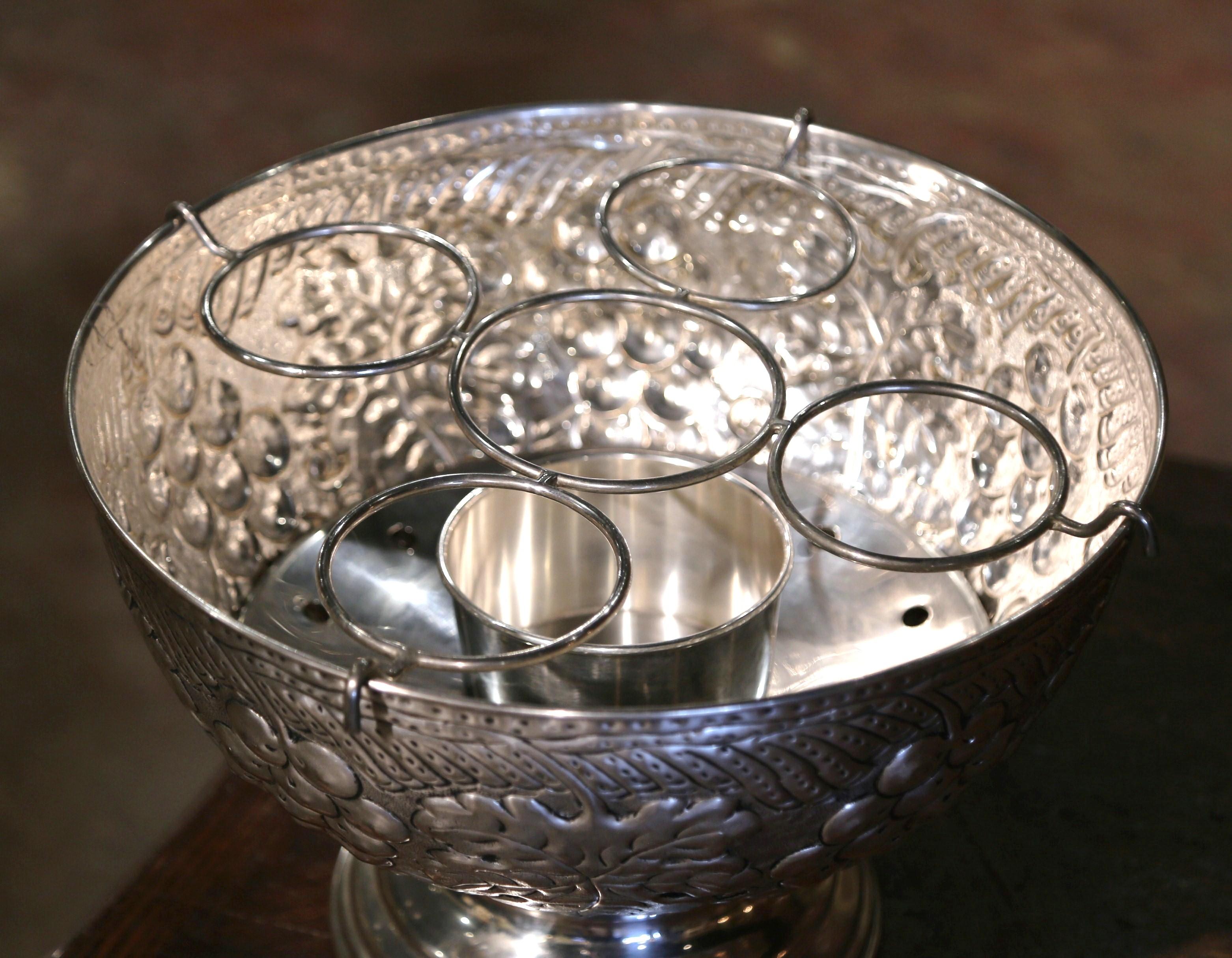 Mid-Century French Brass Silver Plated Wine Cooler with Repousse Vine Motifs In Excellent Condition For Sale In Dallas, TX