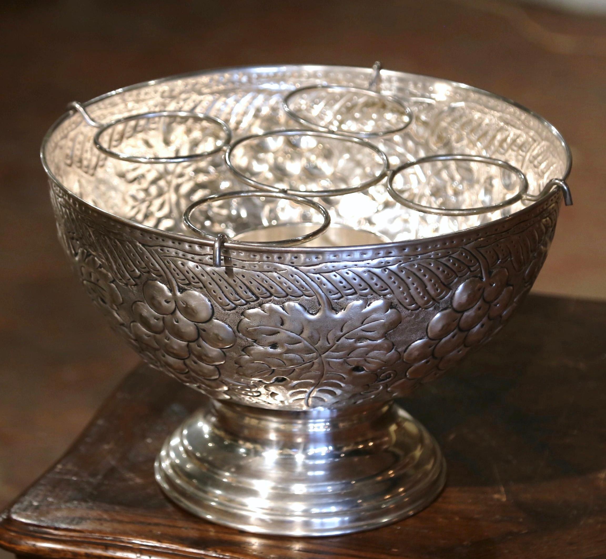20th Century Mid-Century French Brass Silver Plated Wine Cooler with Repousse Vine Motifs For Sale
